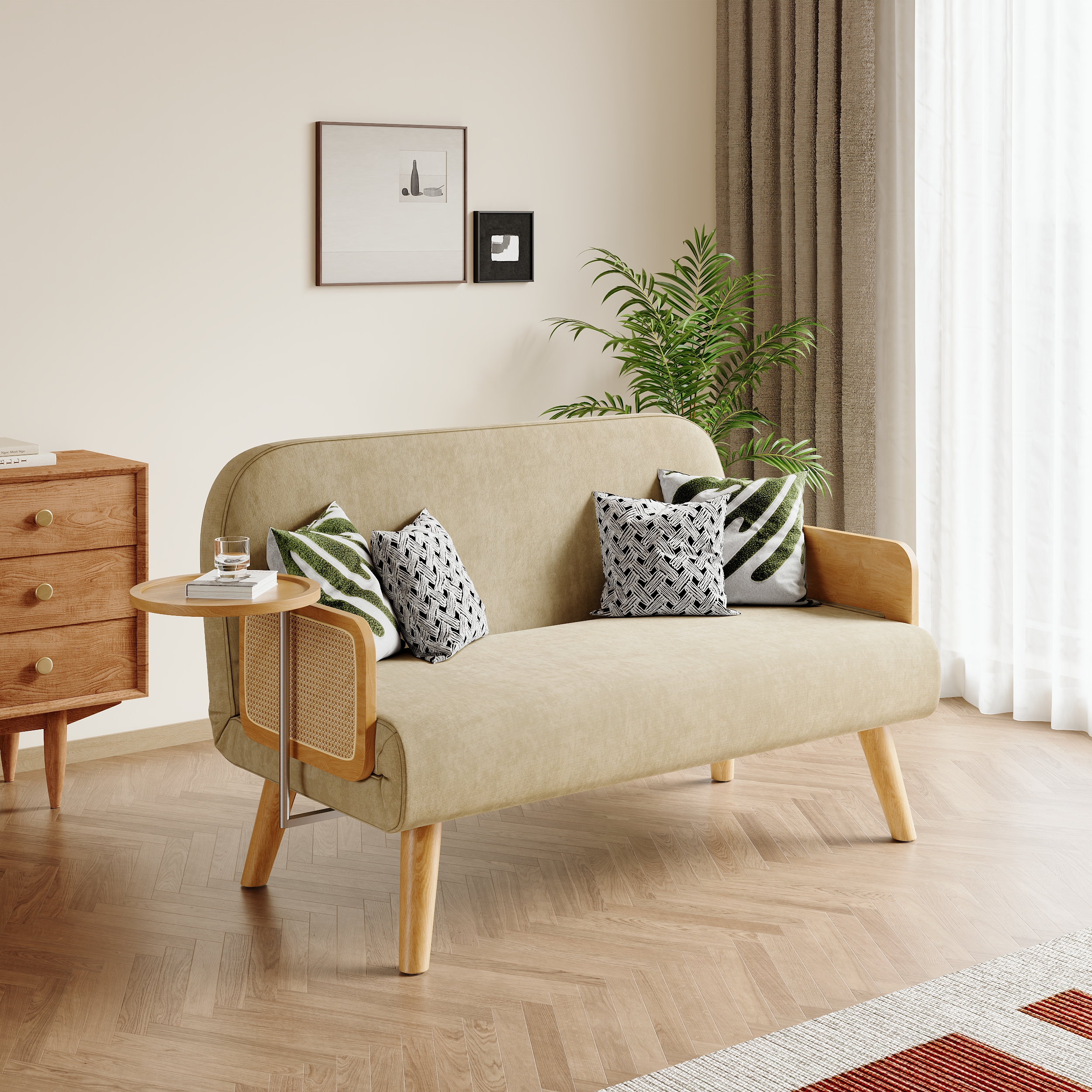 Taille Du Canapé-lit:153 cm 2 Places | Tissu & Couleur:Lin Beige