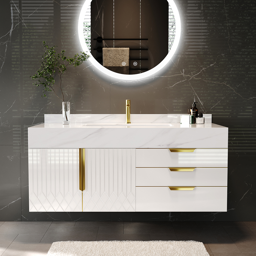 Size:150 cm - Double | Finition:Blanc Brillant | Type D'installation:Flottant / Mural | Finition Métallique:Or