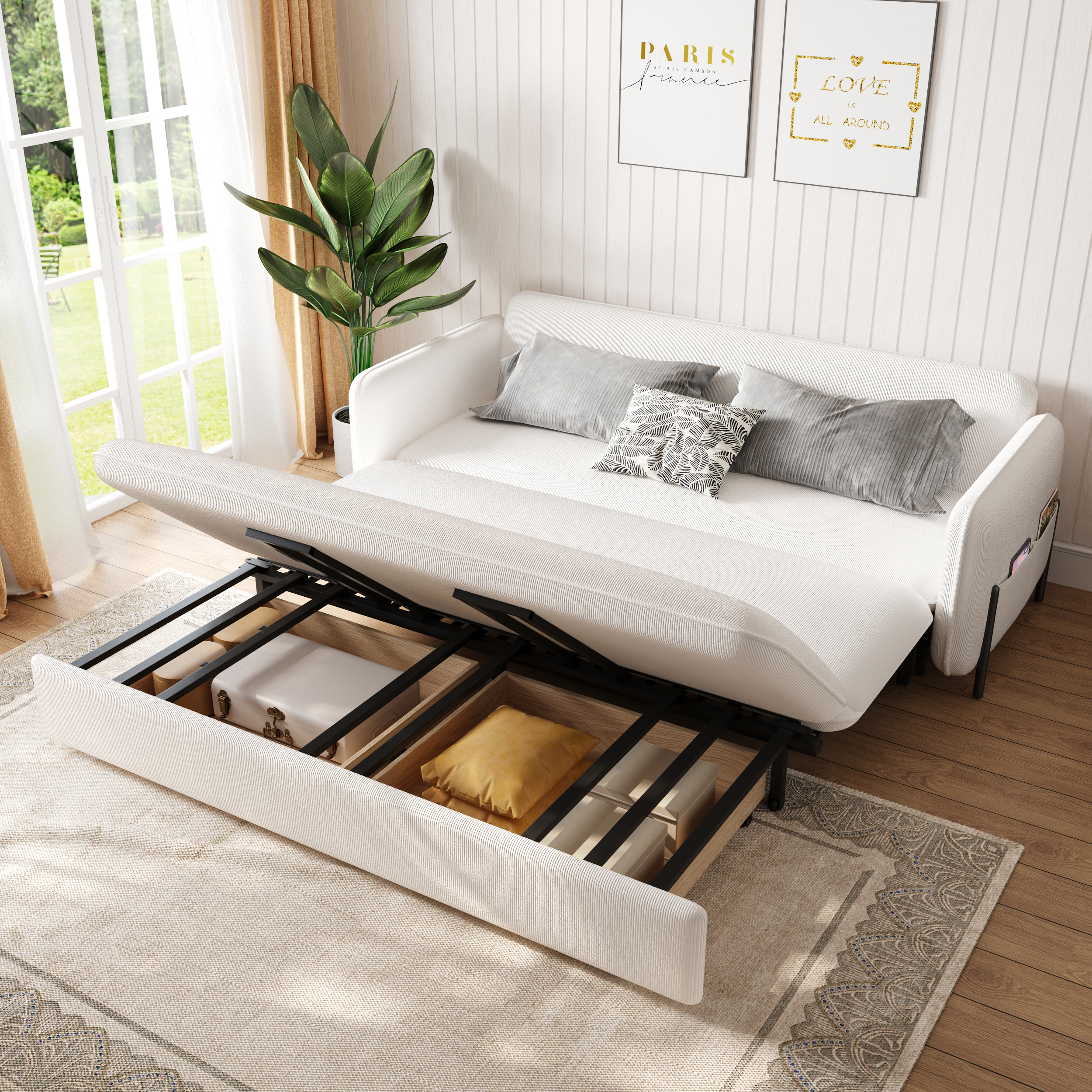 Taille Du Canapé-lit:200 cm 3 Places | Tissu & Couleur:Velours Côtelé Blanc | Finition Des Pieds:Noir