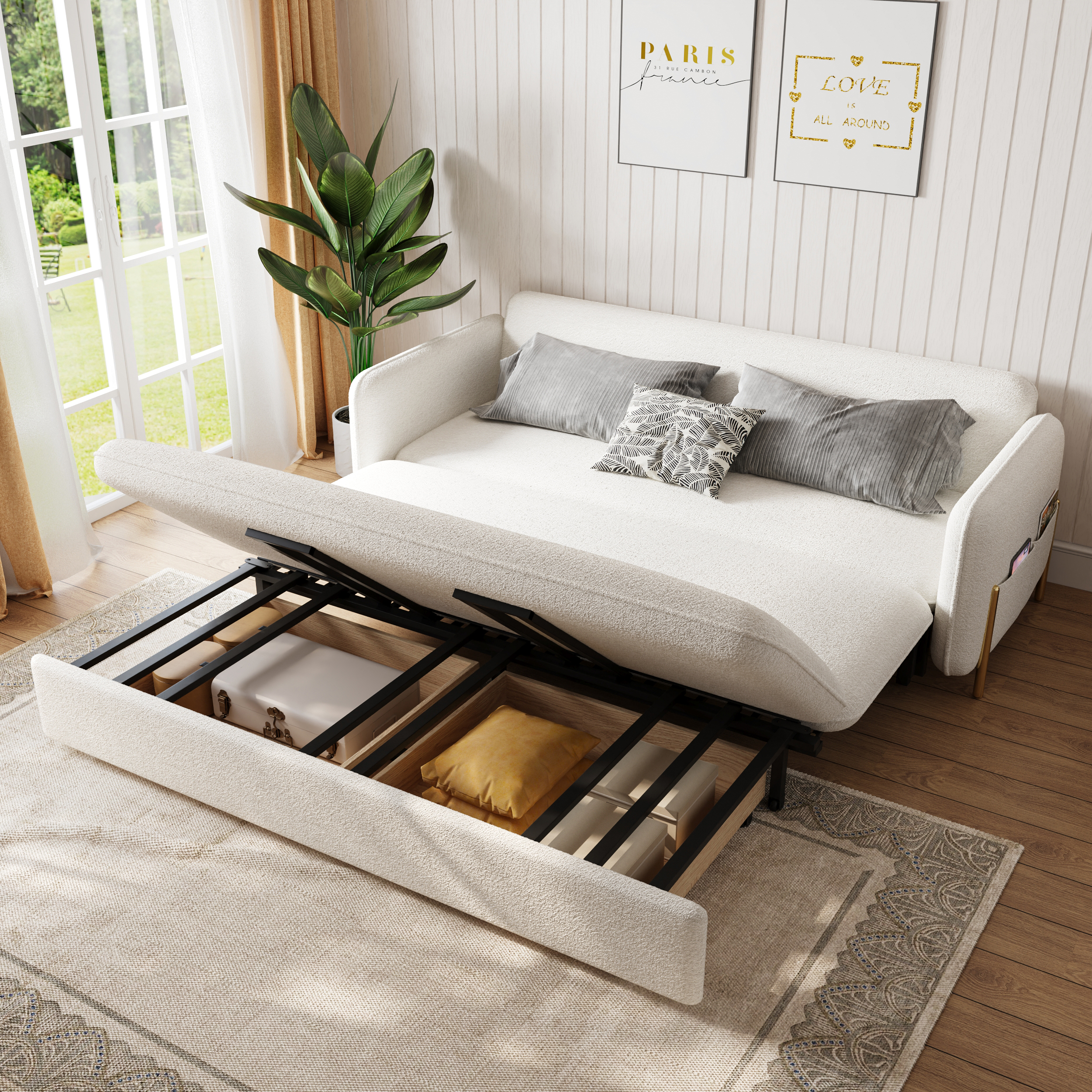 Taille Du Canapé-lit:172 cm 2 Places | Tissu & Couleur:Bouclé Blanc Chaud | Finition Des Pieds:Or