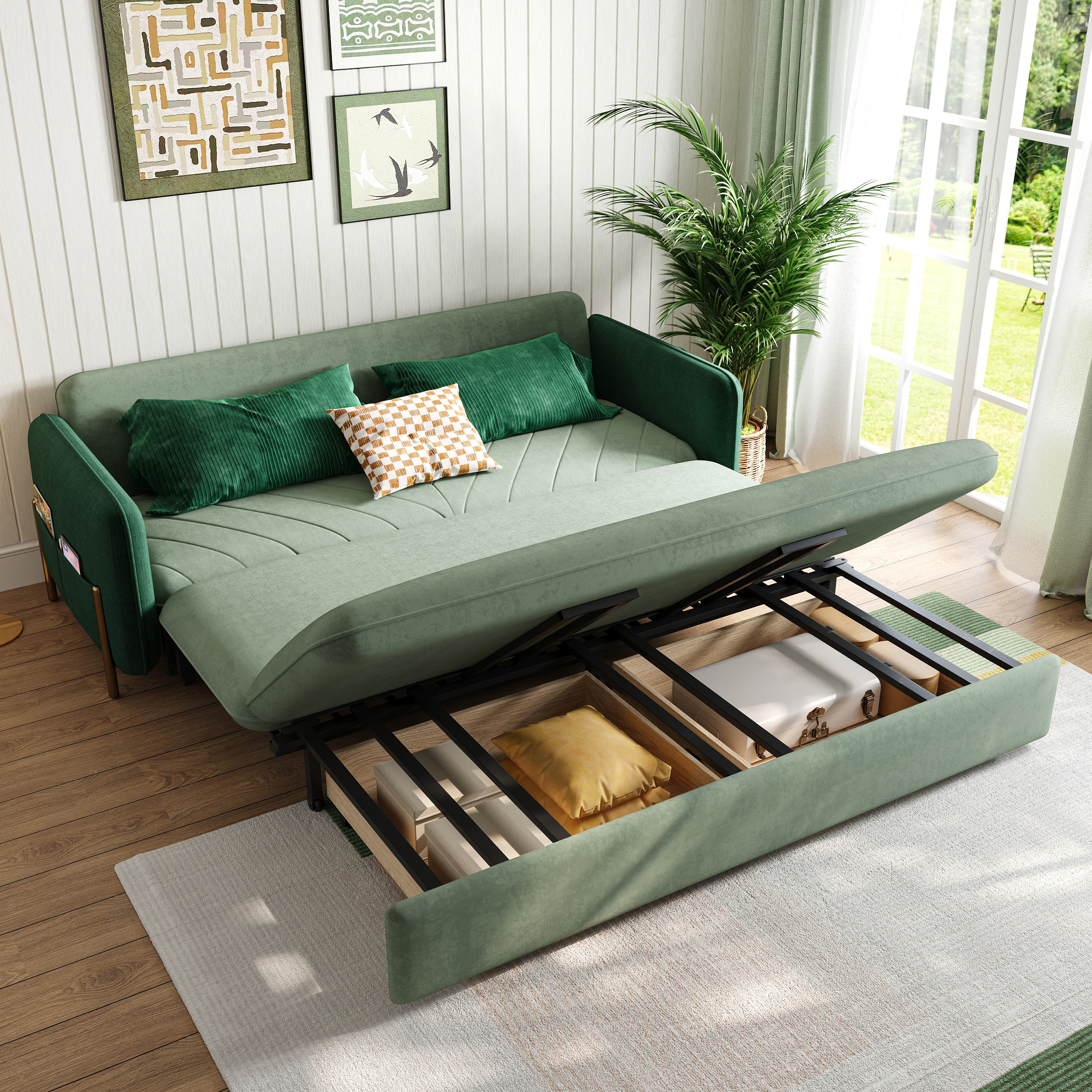 Taille Du Canapé-lit:136 cm 2 Places | Tissu & Couleur:Velours Vert | Finition Des Pieds:Or
