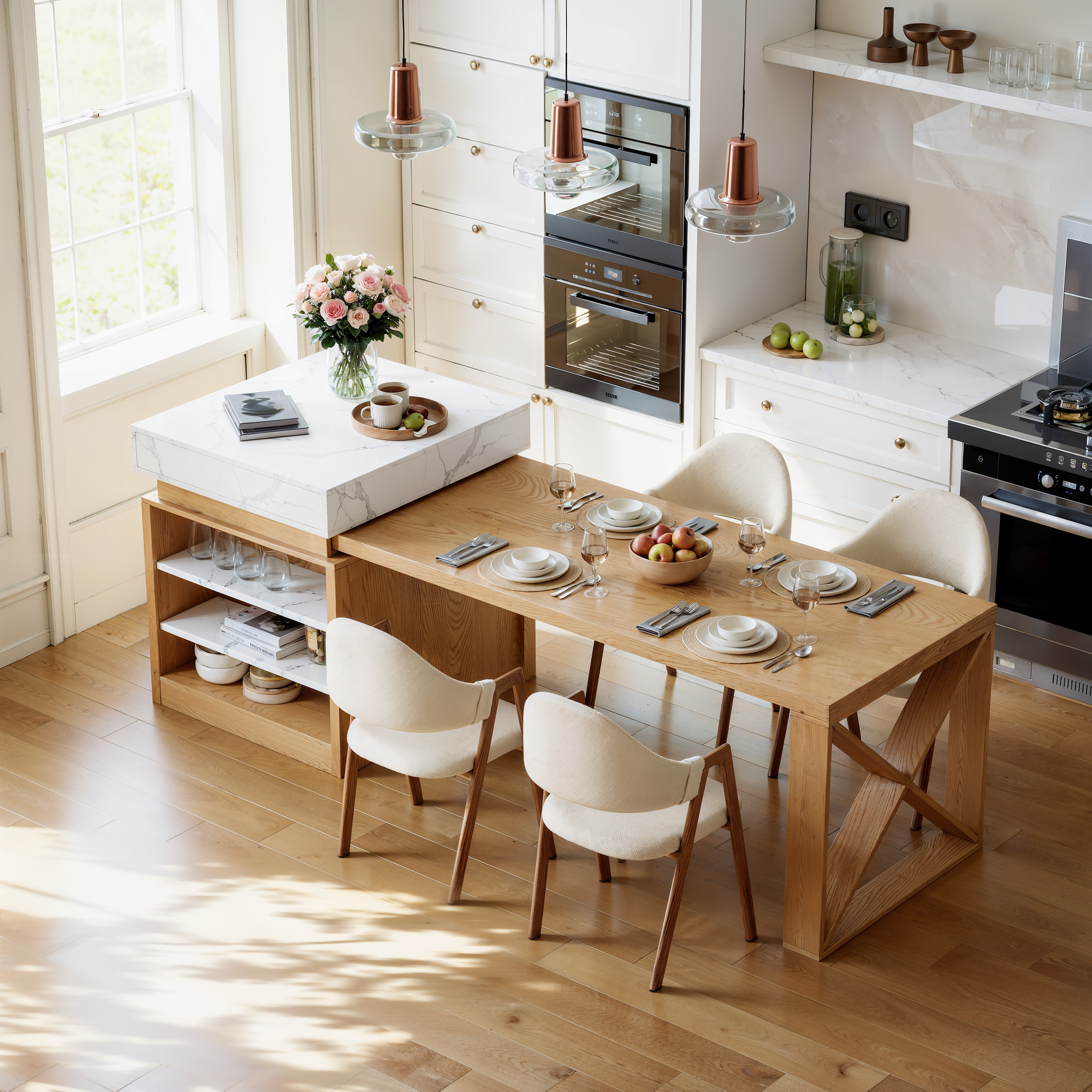 Îlot central cuisine extensible blanc et bois avec rangement et placard, 185 cm à 235 cm