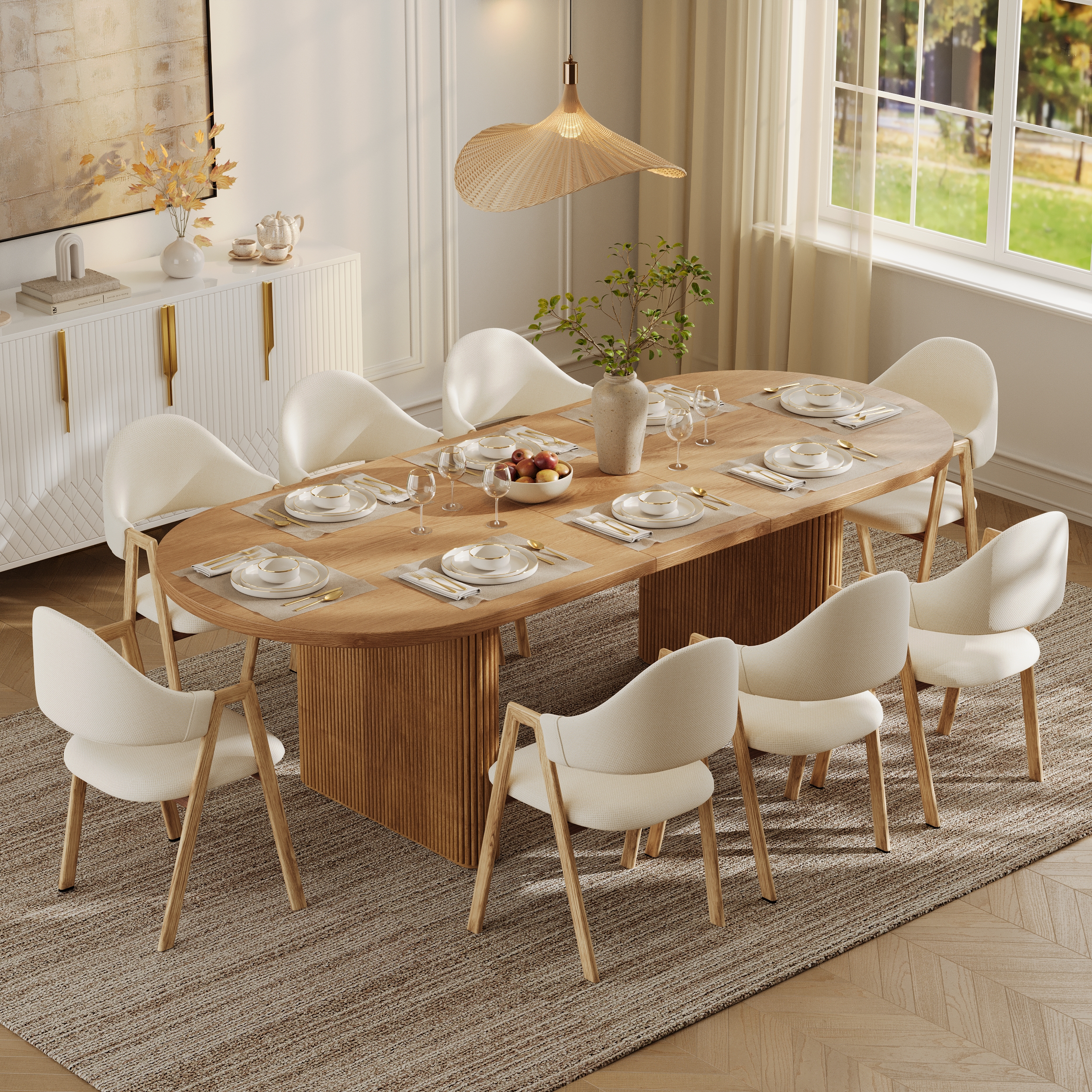 Mesa de comedor ovalada extensible Japandi de 200-240 cm de madera natural con hoja de mariposa, 6-8 plazas