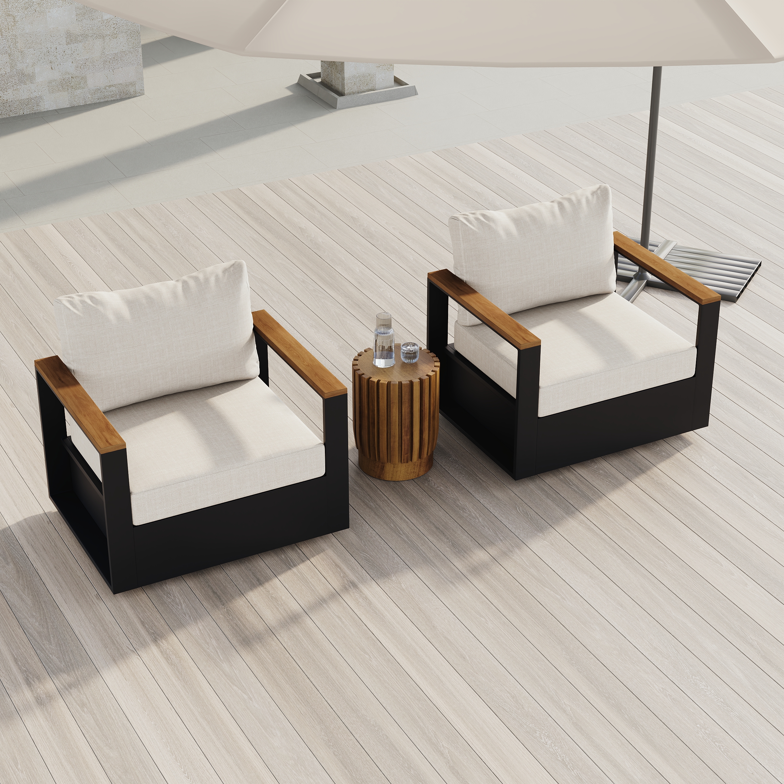 Sillón jardín giratoria 360° de aluminio y madera con cojín impermeable resistente a la intemperie – Silla jardin para terraza y balcón, beige