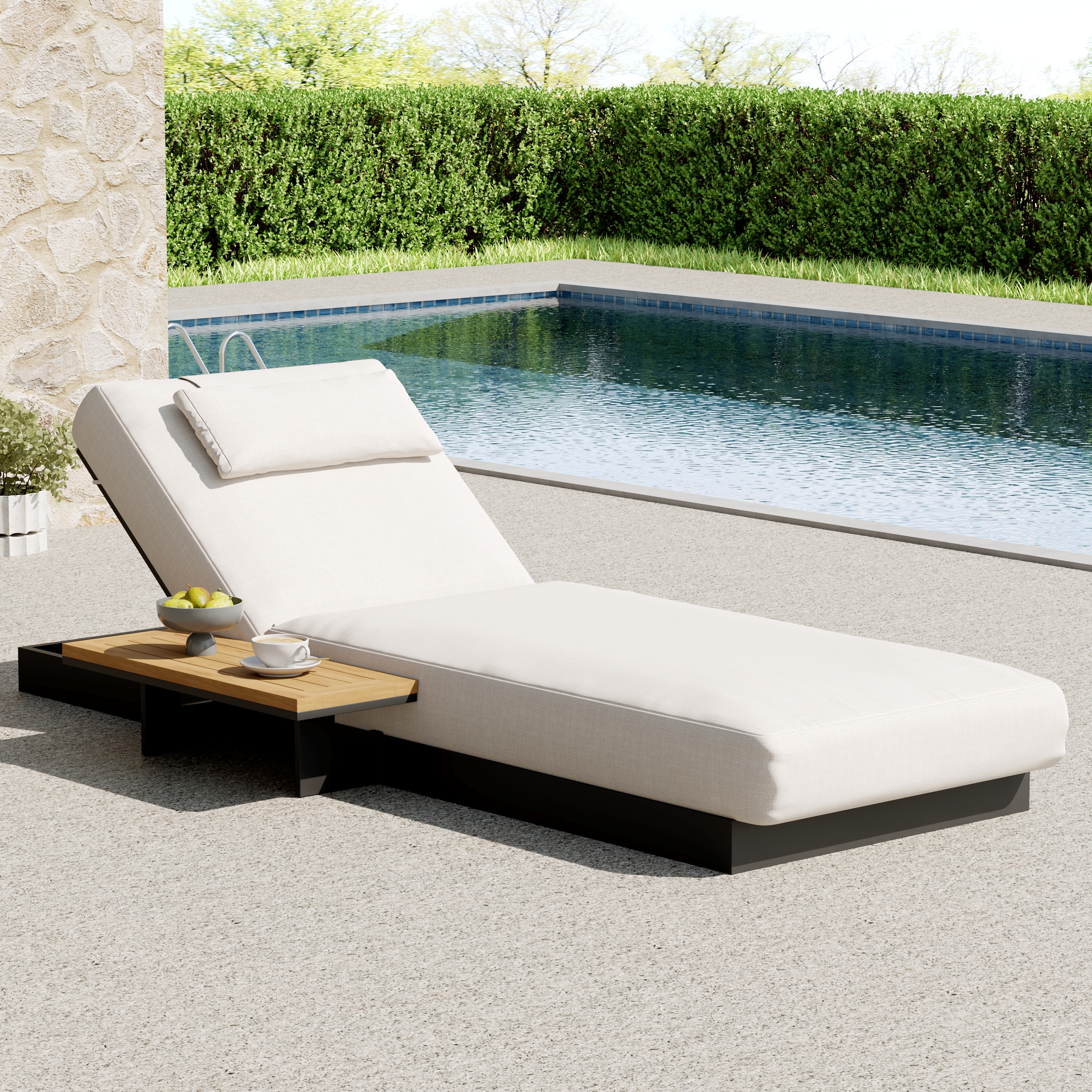 Tevara Teak & Aluminum Outdoor Lounger Daybed Modern Yard & Patio Furniture in White Cushion & Pillo