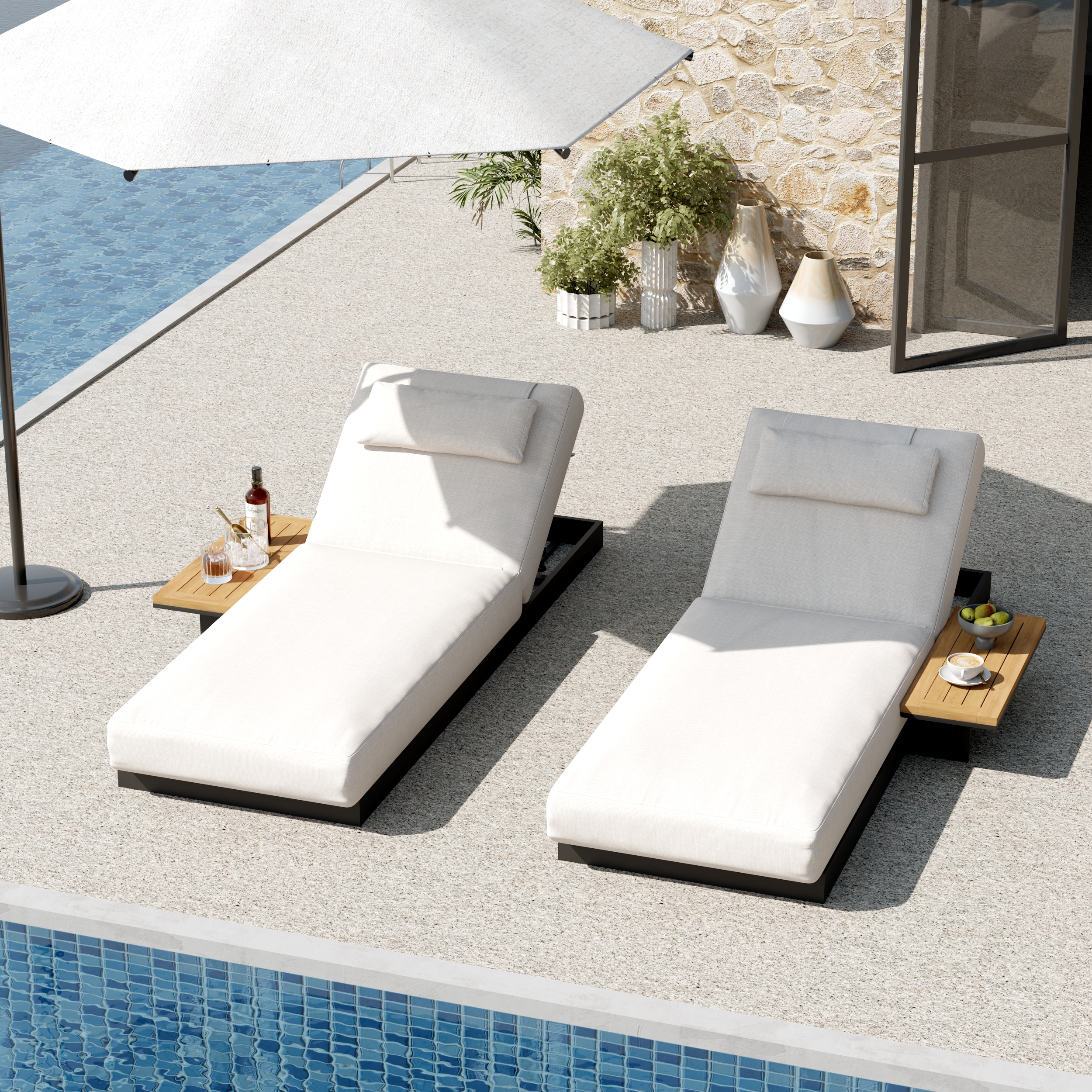 Wood & Aluminum Outdoor Lounger Daybed Modern Yard & Patio Furniture in Beige Cushion & Pillow Included (78.7") Set of 2