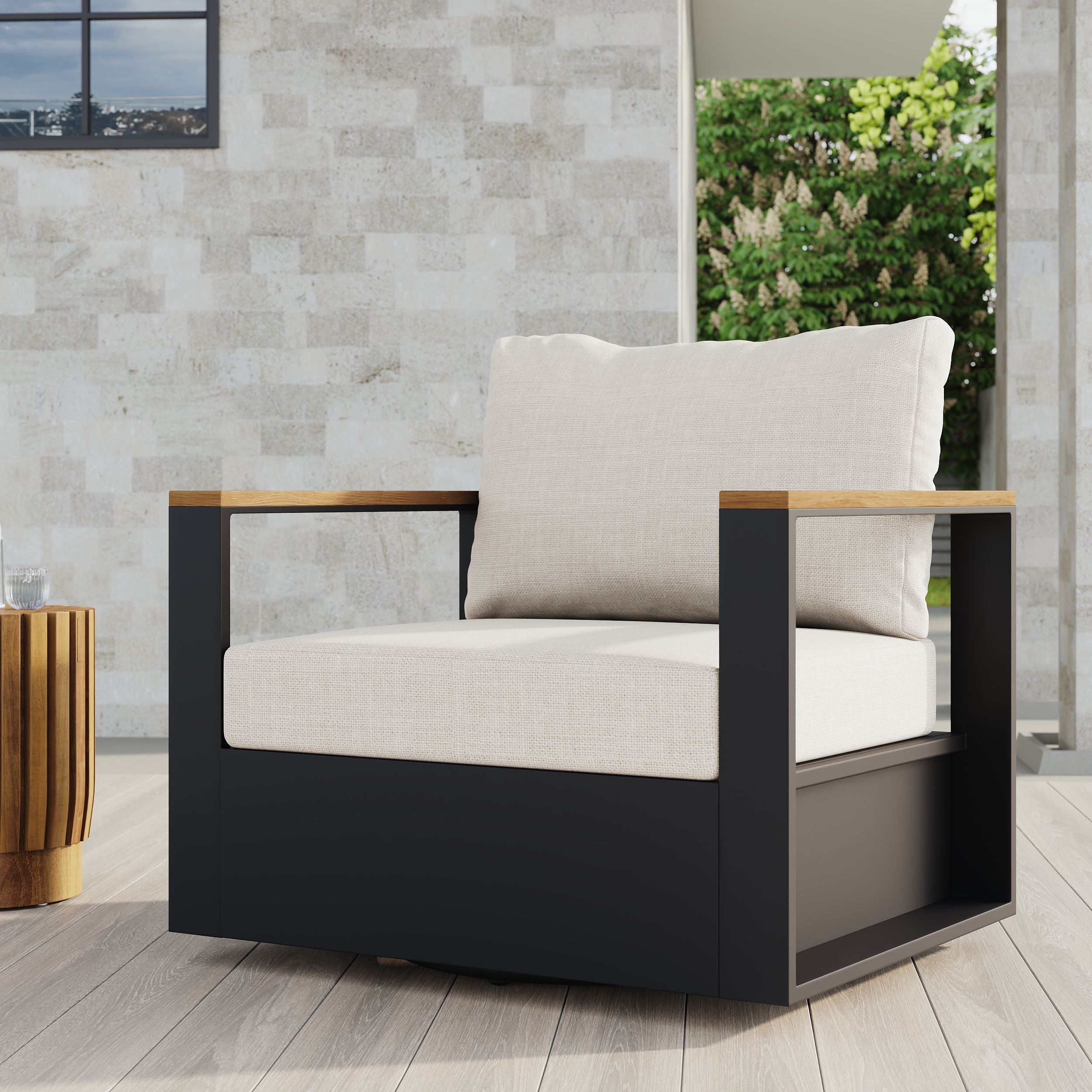 Sillón jardín giratoria 360° de aluminio y madera con cojín impermeable resistente a la intemperie – Silla jardin para terraza y balcón, beige