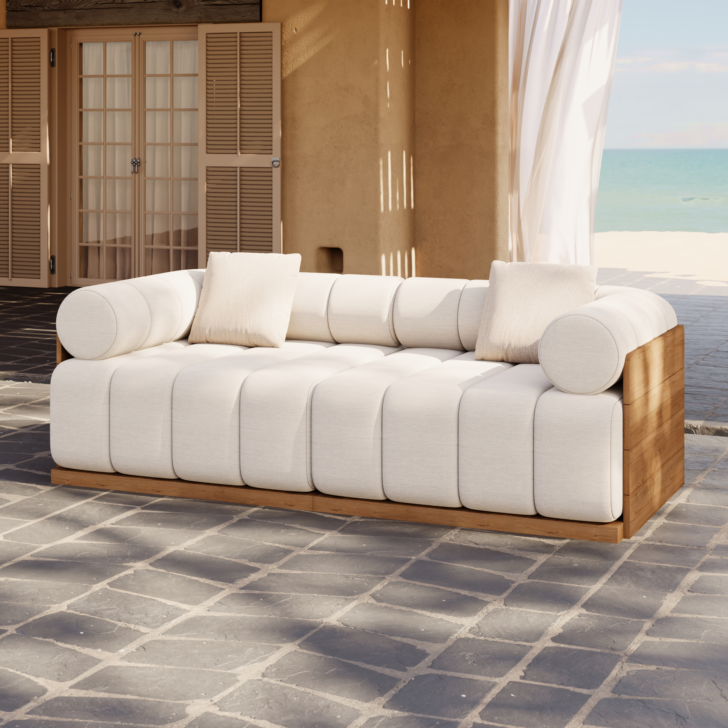 Finition:Bois De Teck Naturel | Tissu:Blanc Chaud | Configuration:Canapé 2 Places