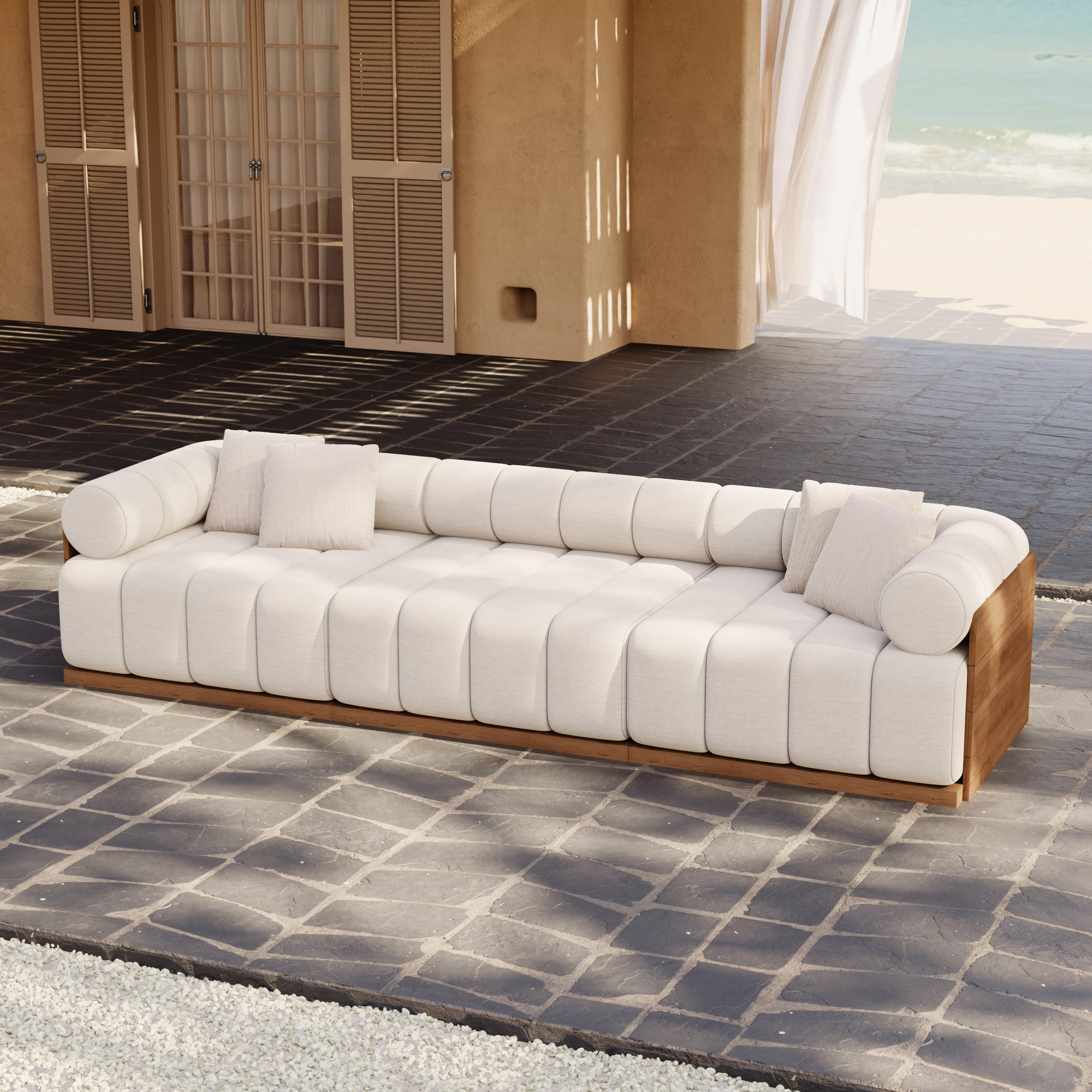 Finition:Bois De Teck Naturel | Tissu:Blanc Chaud | Configuration:Canapé 3 Places