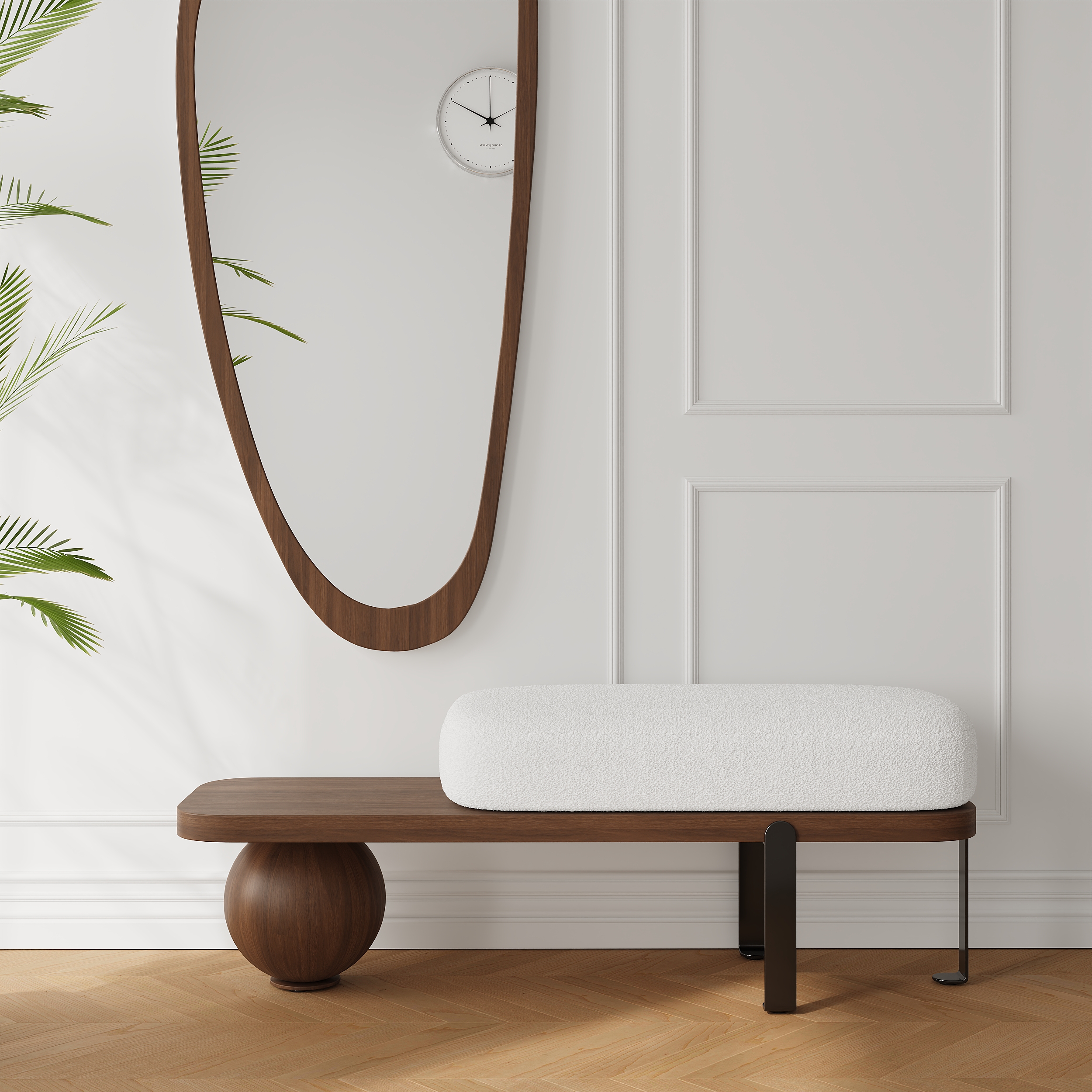 Ball design Entryway Bench Wooden Furniture with Abstract Metal Legsin White & Gold (47.2" Wide)