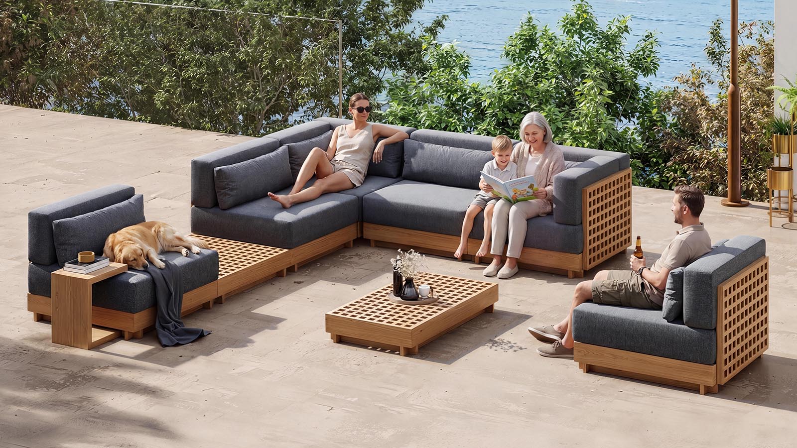 Grida 9-Piece Teak Wood L Shaped Outdoor Sectional Sofa Set in
