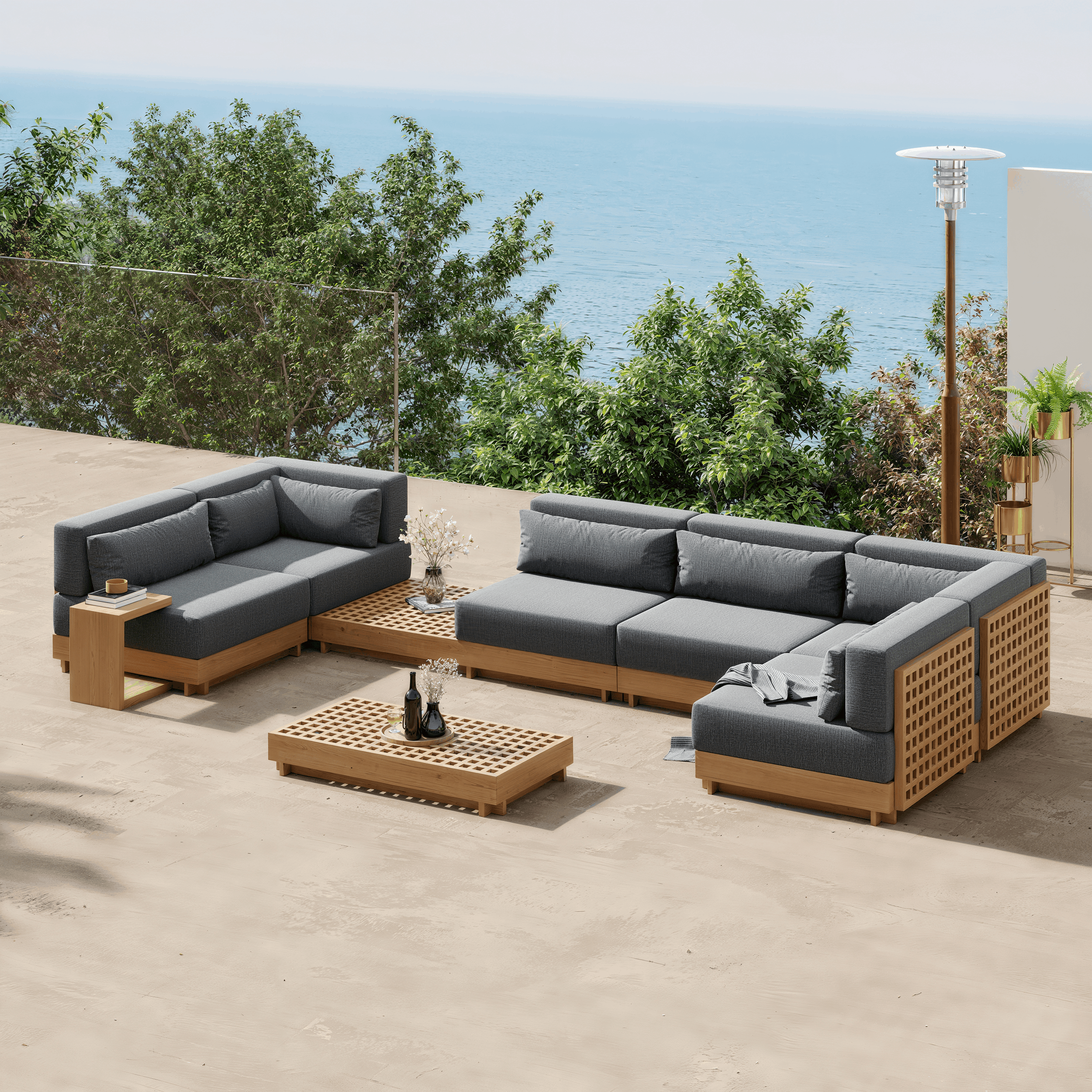 Grida 9-Piece Teak Wood L Shaped Outdoor Sectional Sofa Set in