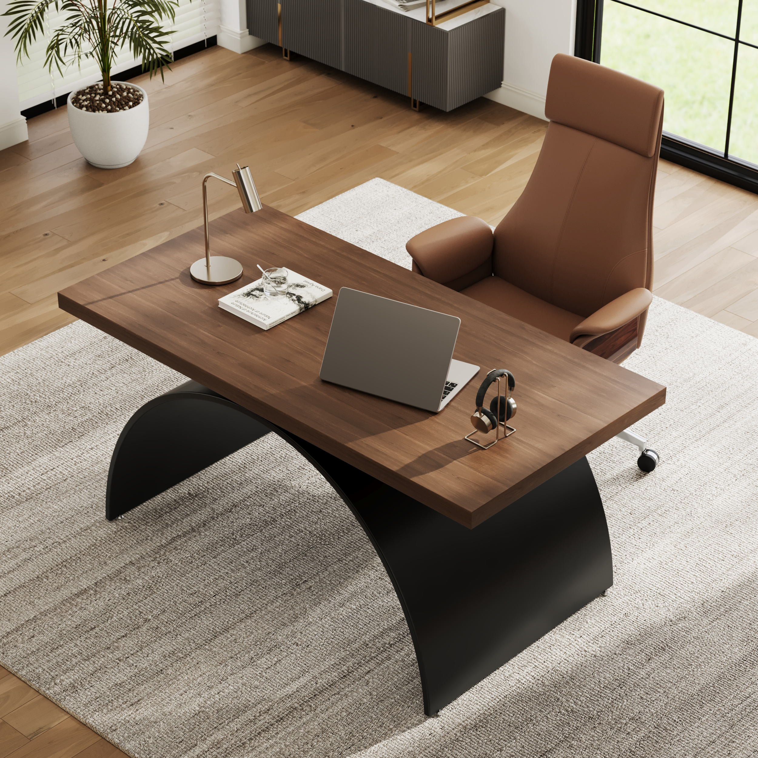 Escritorio industrial rectangular de madera de nogal de 160 cm con base metálica