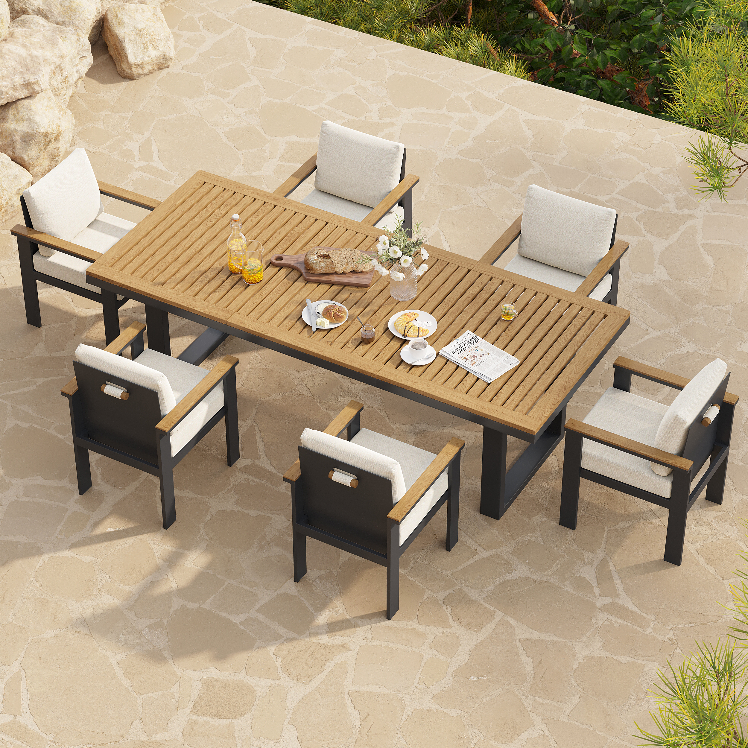 Rectangle Teak Wood & Aluminum Outdoor Patio Dining Table Modern Yard & Patio Furniture for 6 - 8 Pe