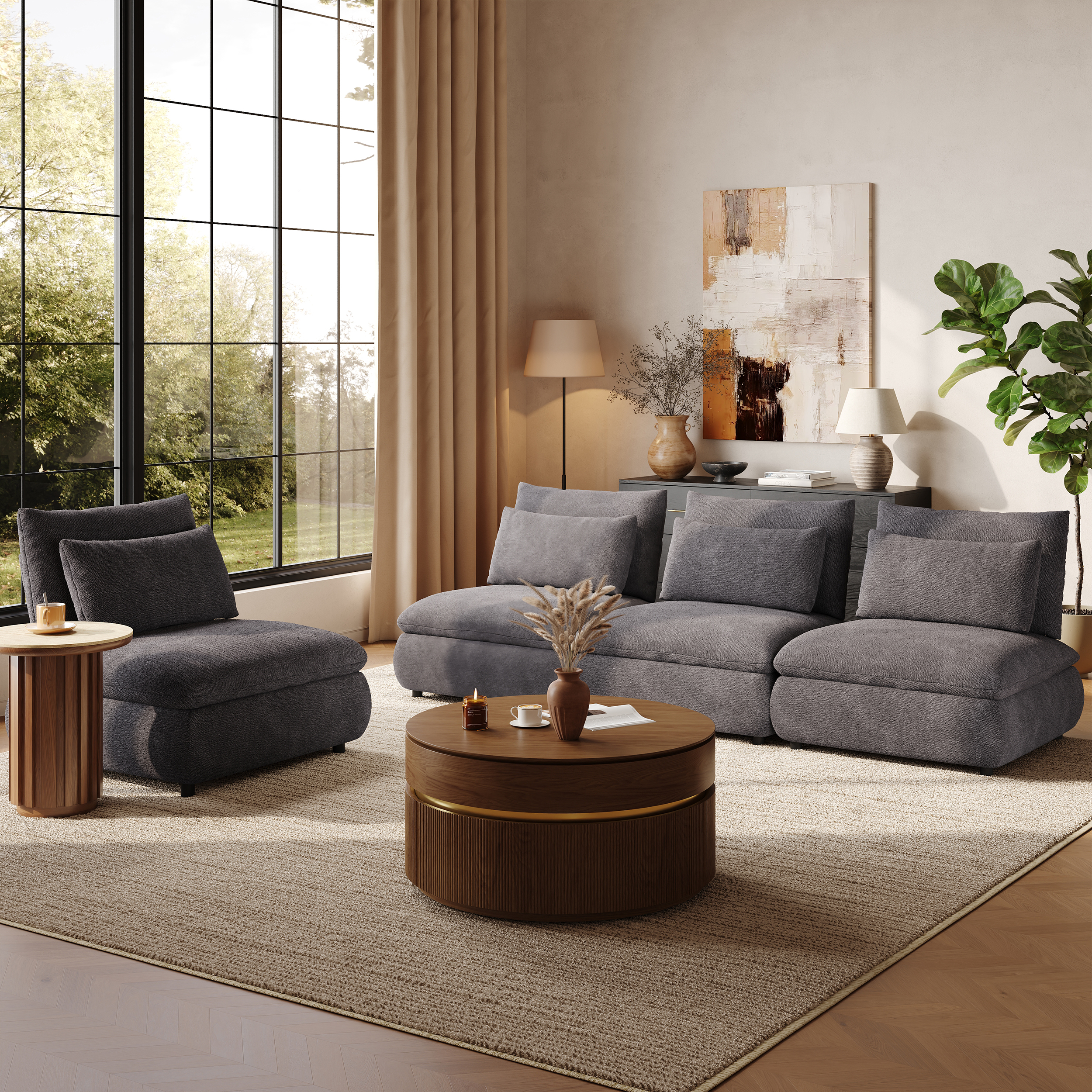 Canapé sectionnel modulaire en chenille 4 pièces de 274 cm avec rangement caché
