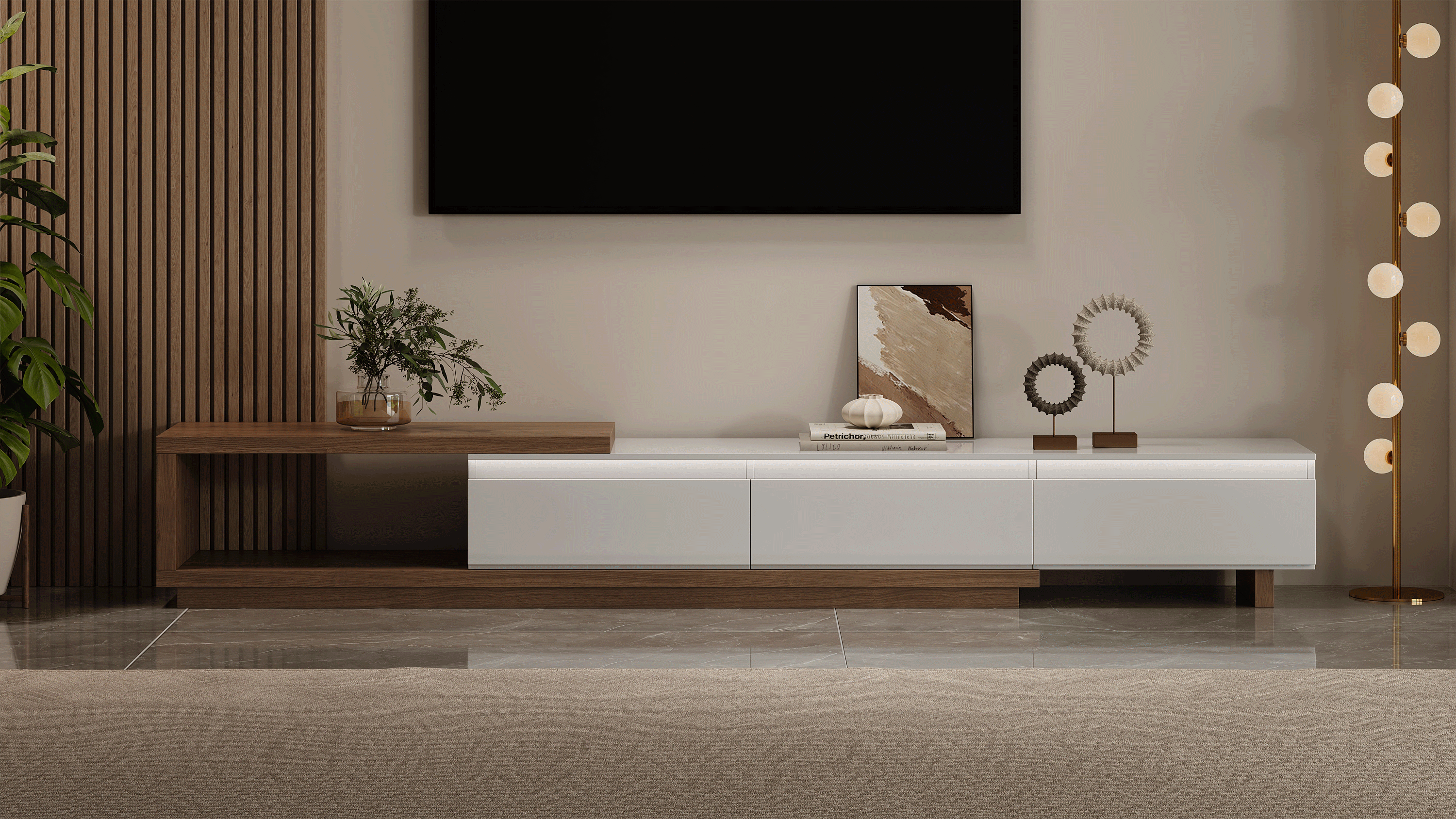 Quoint Extendable TV Stand with 3 Drawers and Light (71