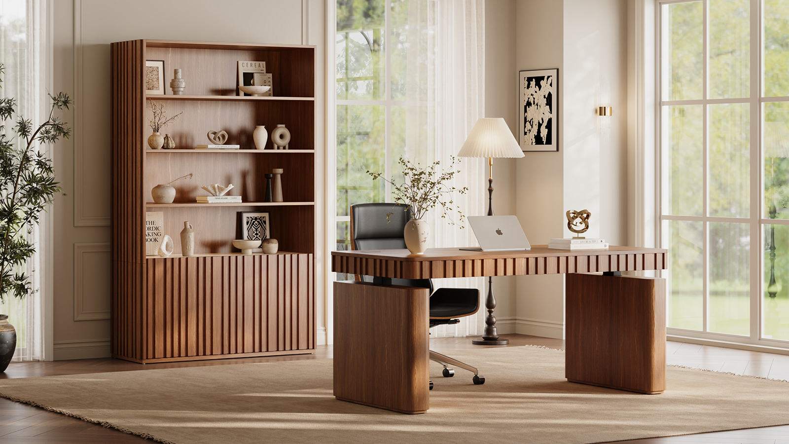 Aura 47” Ash Wood Fluted Walnut Bookcase With Sintered Stone Top