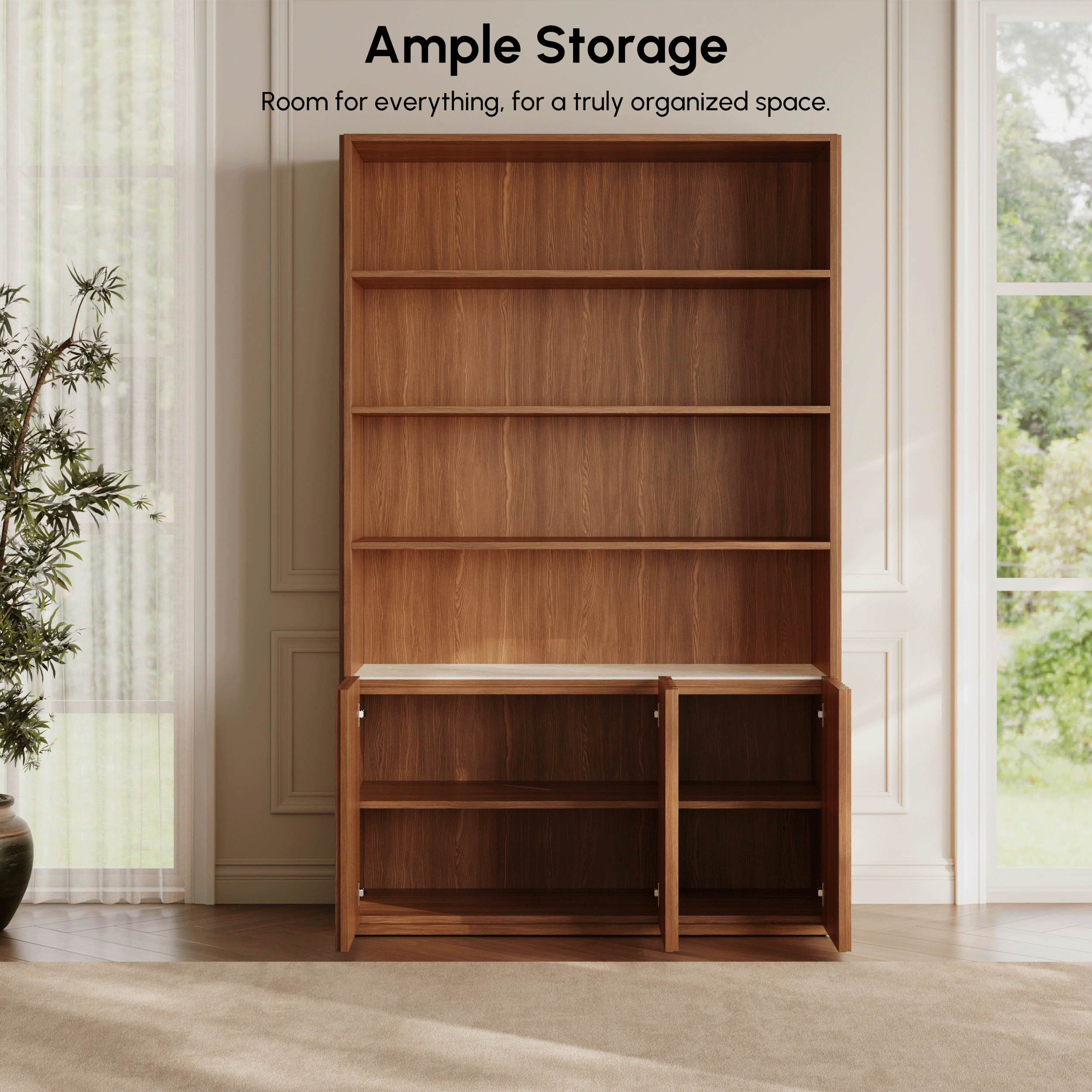 Aura 47” Ash Wood Fluted Walnut Bookcase With Sintered Stone Top