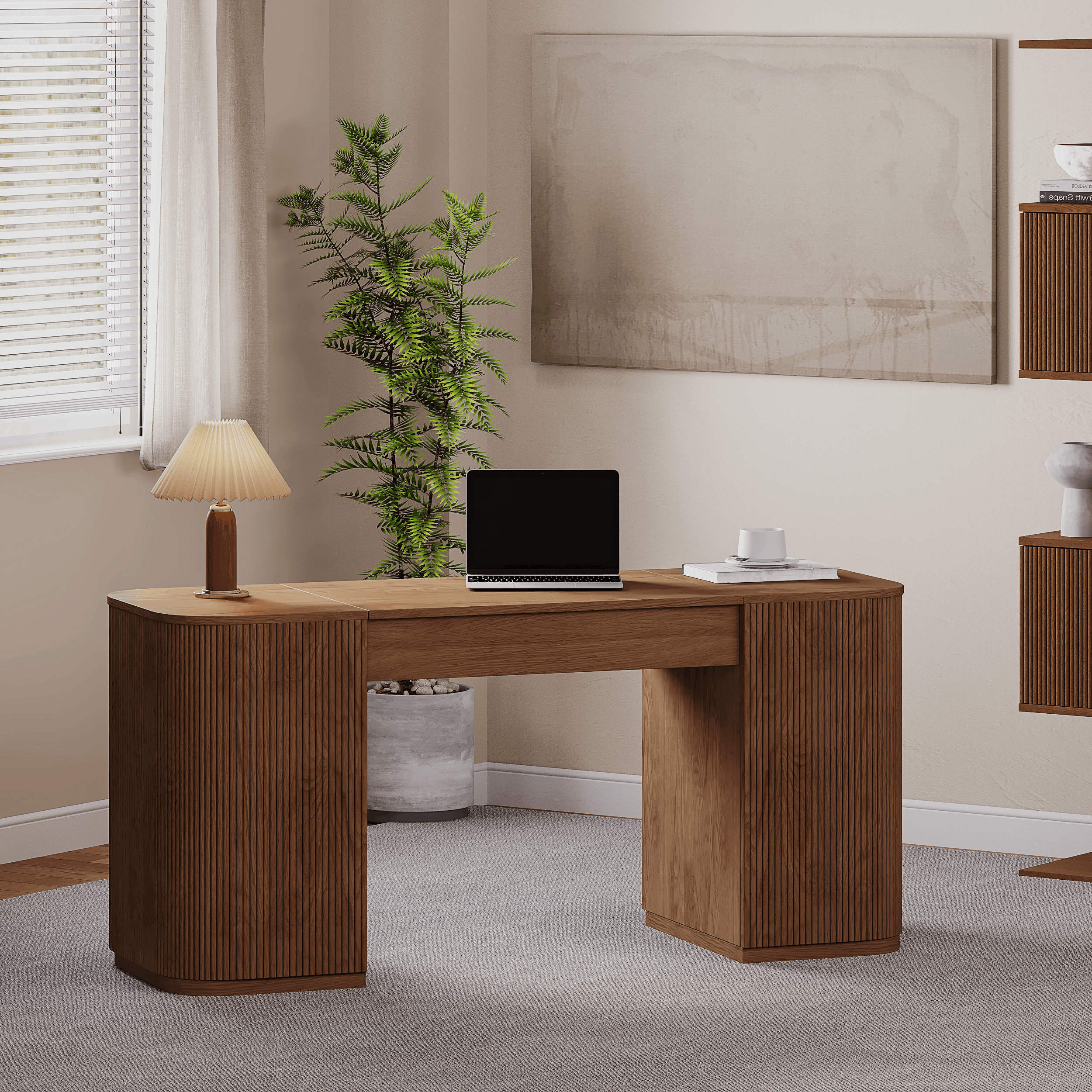 Modern Walnut Standing Desk with 2 Doors & Ample Storage