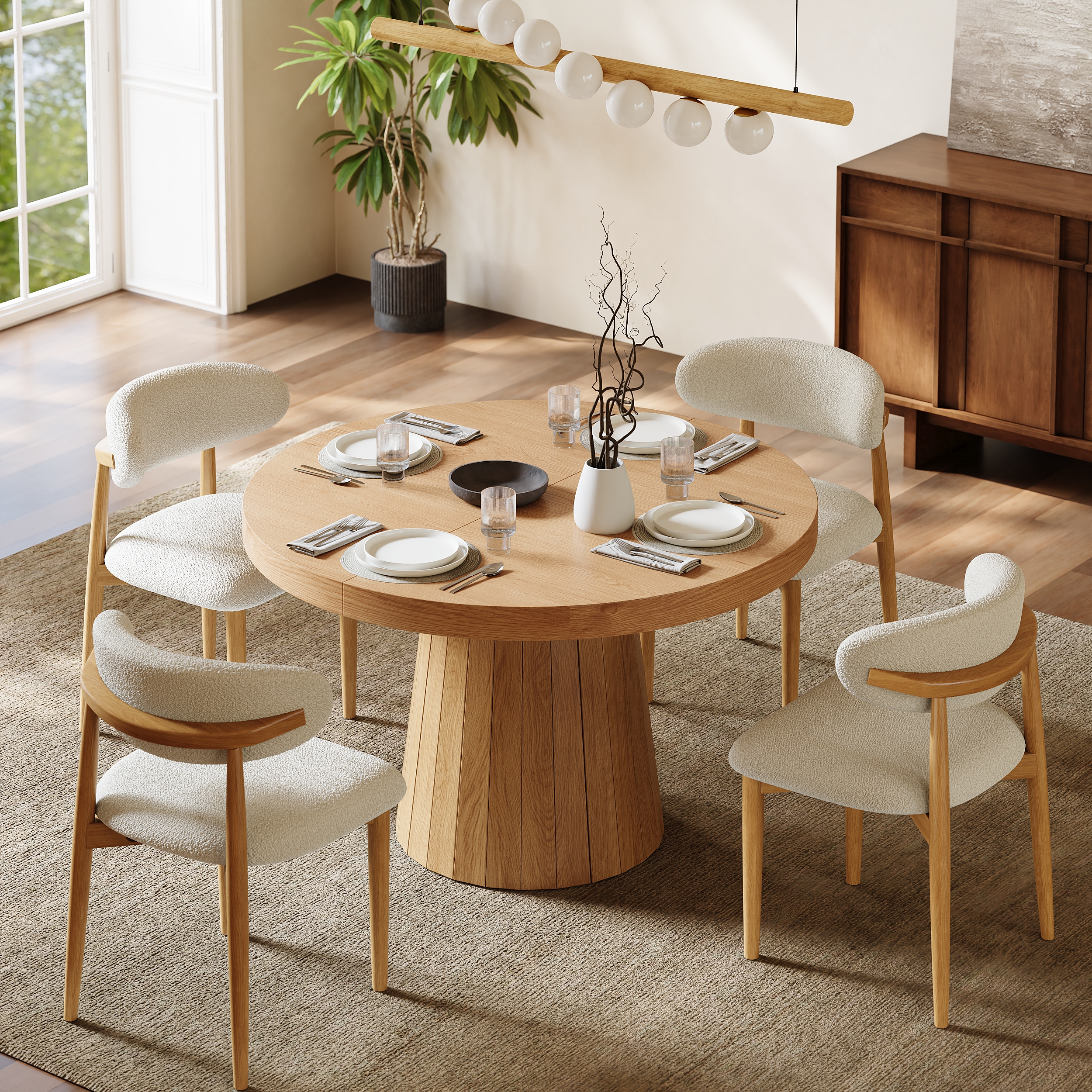 Juego de comedor Mesa de comedor extensible Japandi Natural de 99-140 cm con 4 sillas
