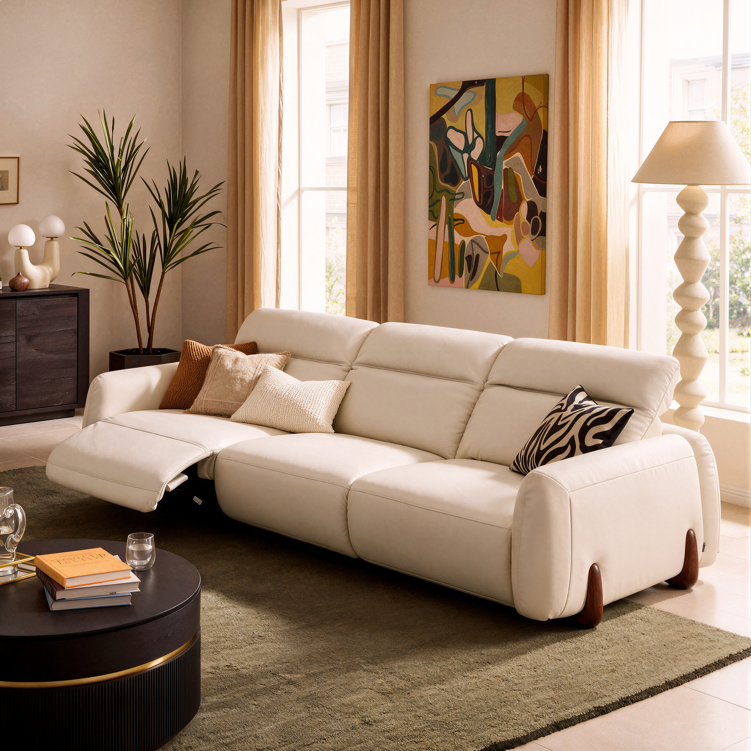 Sofá reclinable eléctrico de cuero genuino de 302cm Curva con reposacabezas ajustable