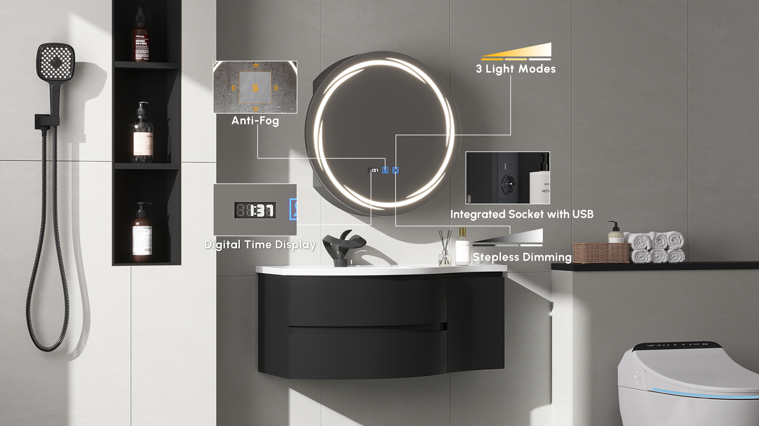 Armoire de toilette ronde noire à LED de 60cm avec rangement, anti-buée, dimmable image de vente