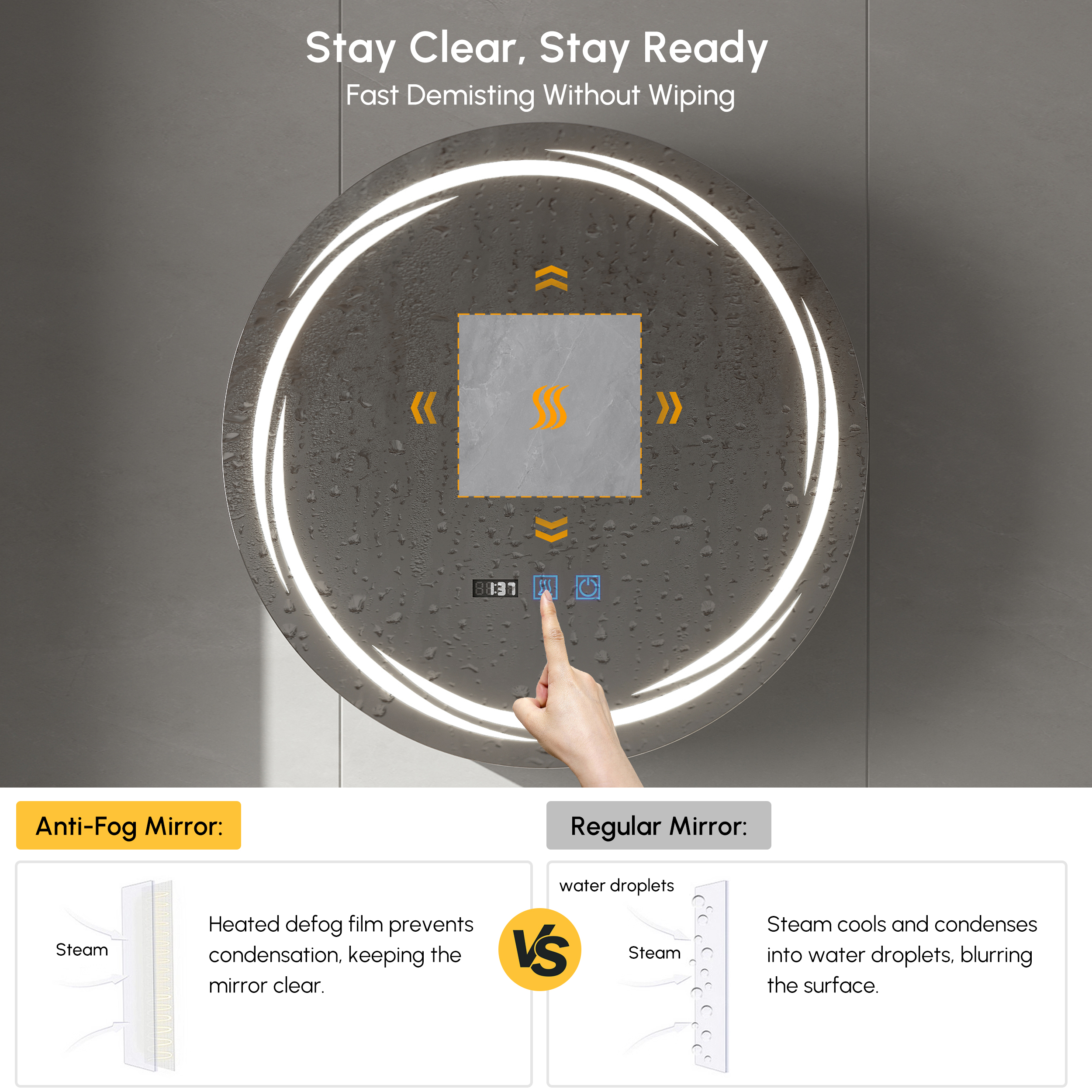 Armoire de toilette ronde noire à LED de 60cm avec rangement, anti-buée, dimmable image de vente