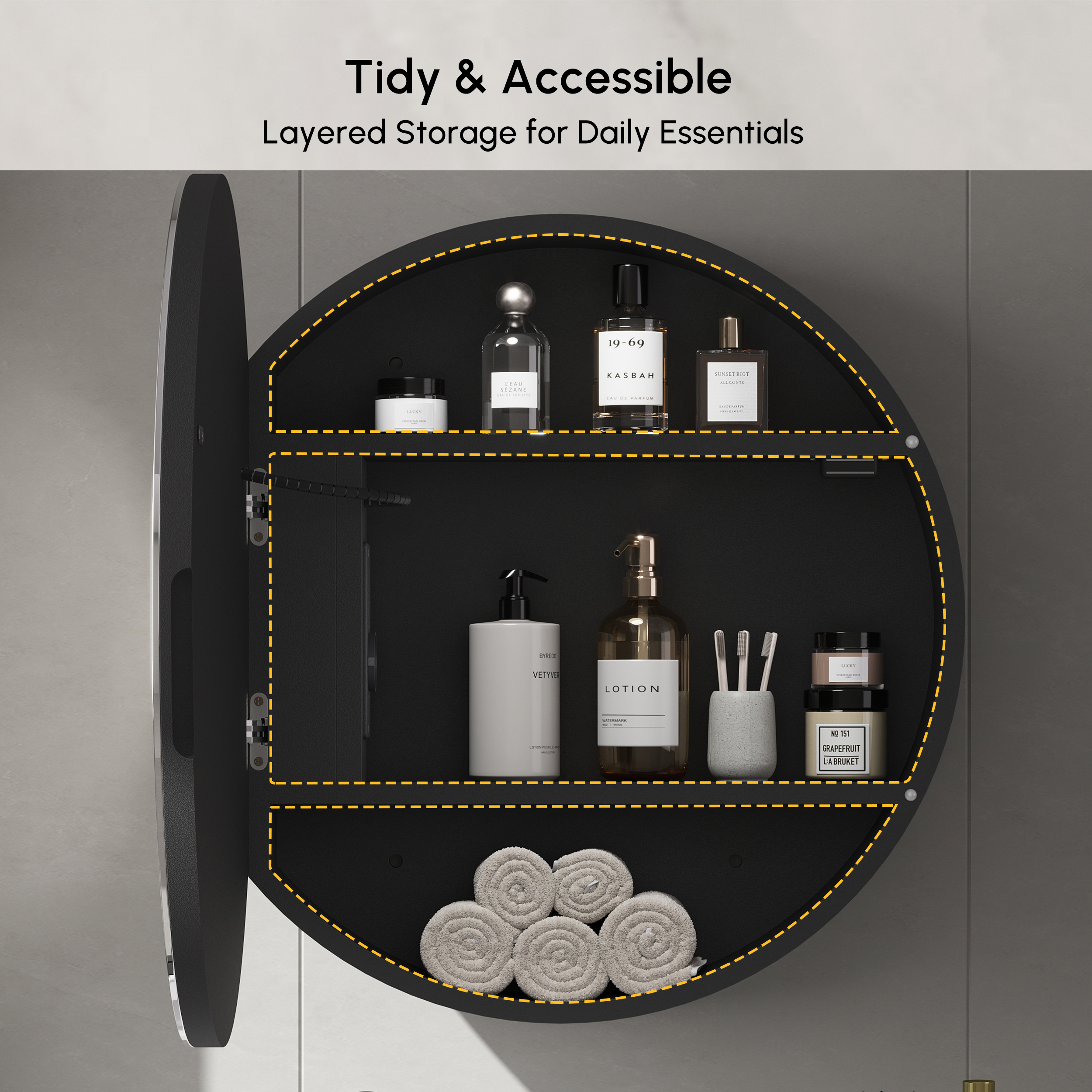 Armoire de toilette ronde noire à LED de 60cm avec rangement, anti-buée, dimmable image de vente