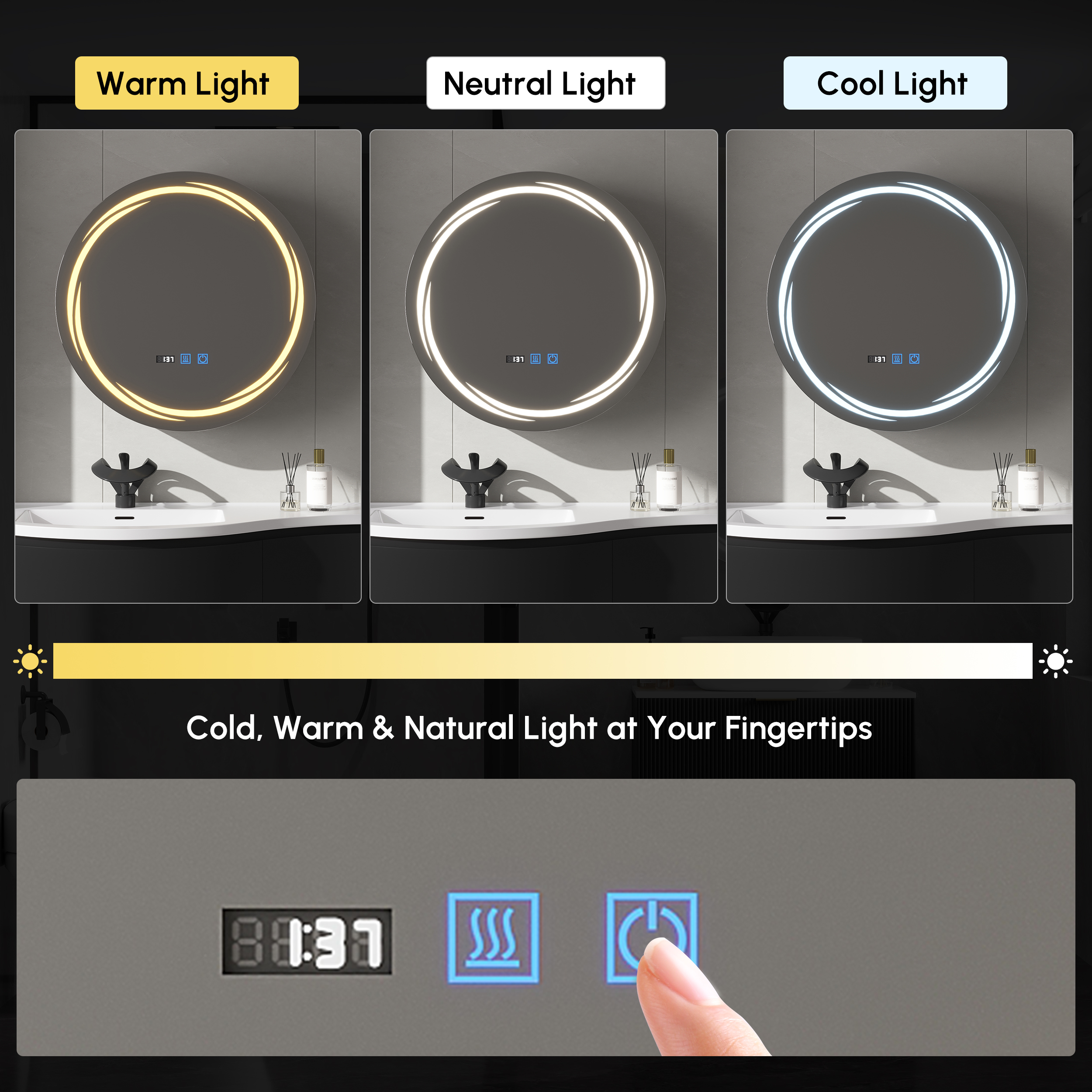 Armoire de toilette ronde noire à LED de 60cm avec rangement, anti-buée, dimmable image de vente
