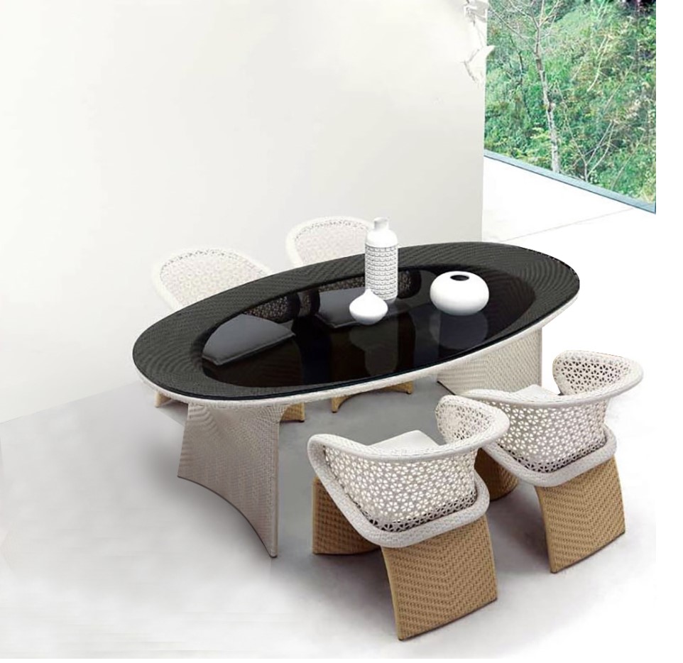 Hofer Outdoor Patio Dining Set 5-piece 63" Garden Oval Dining Table 4 Rattan Chair Black Glass Top in US