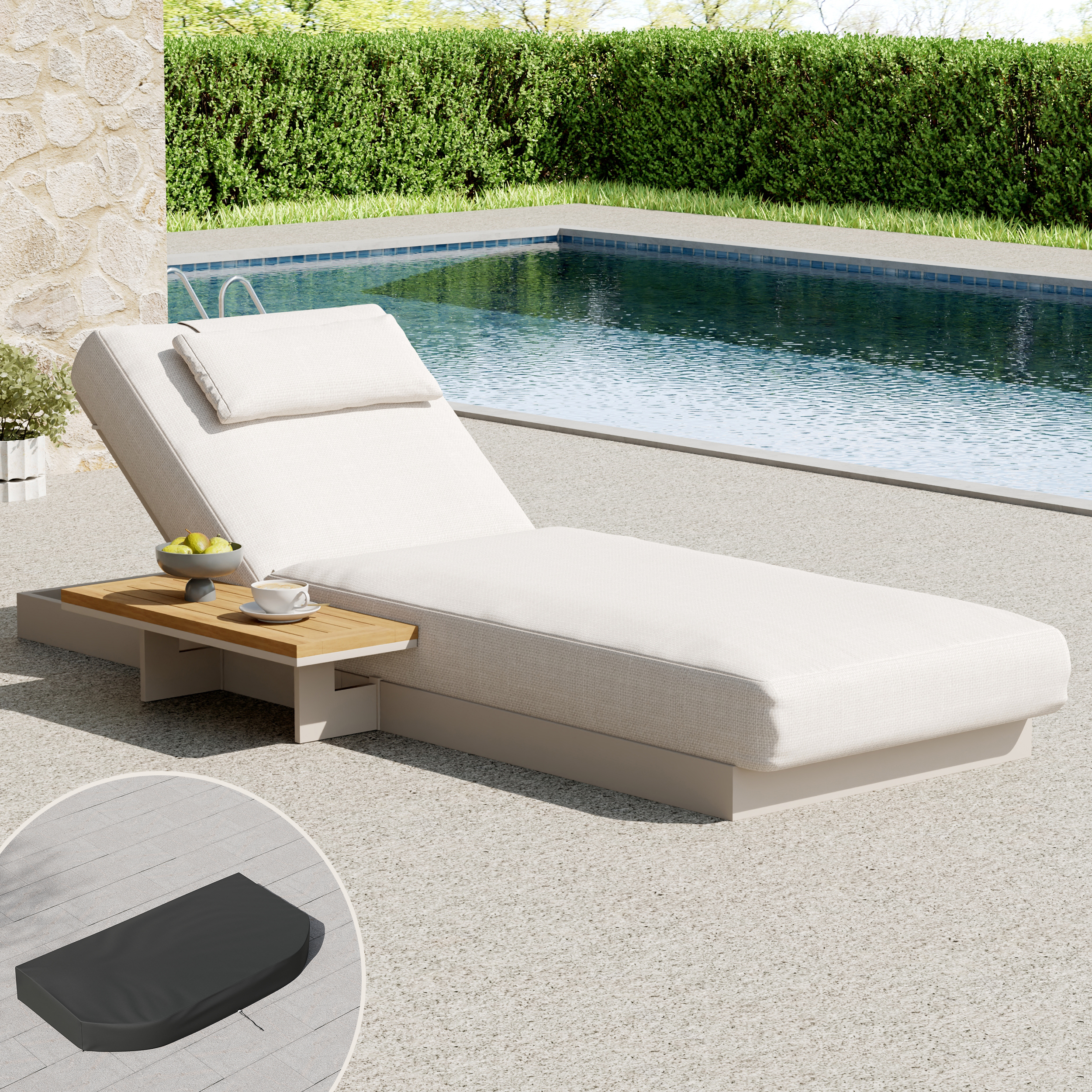 Tumbona de exterior ajustable Tevara individual de teca arena y aluminio con funda negra