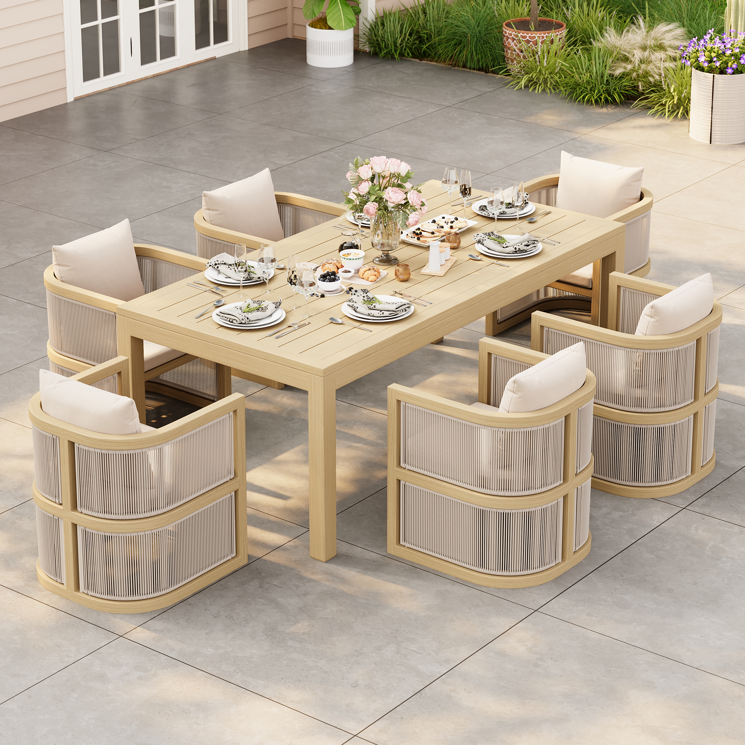 Wevara 7-Piece Outdoor Rope Weave Dining Set with 6 Chairs in Natural
