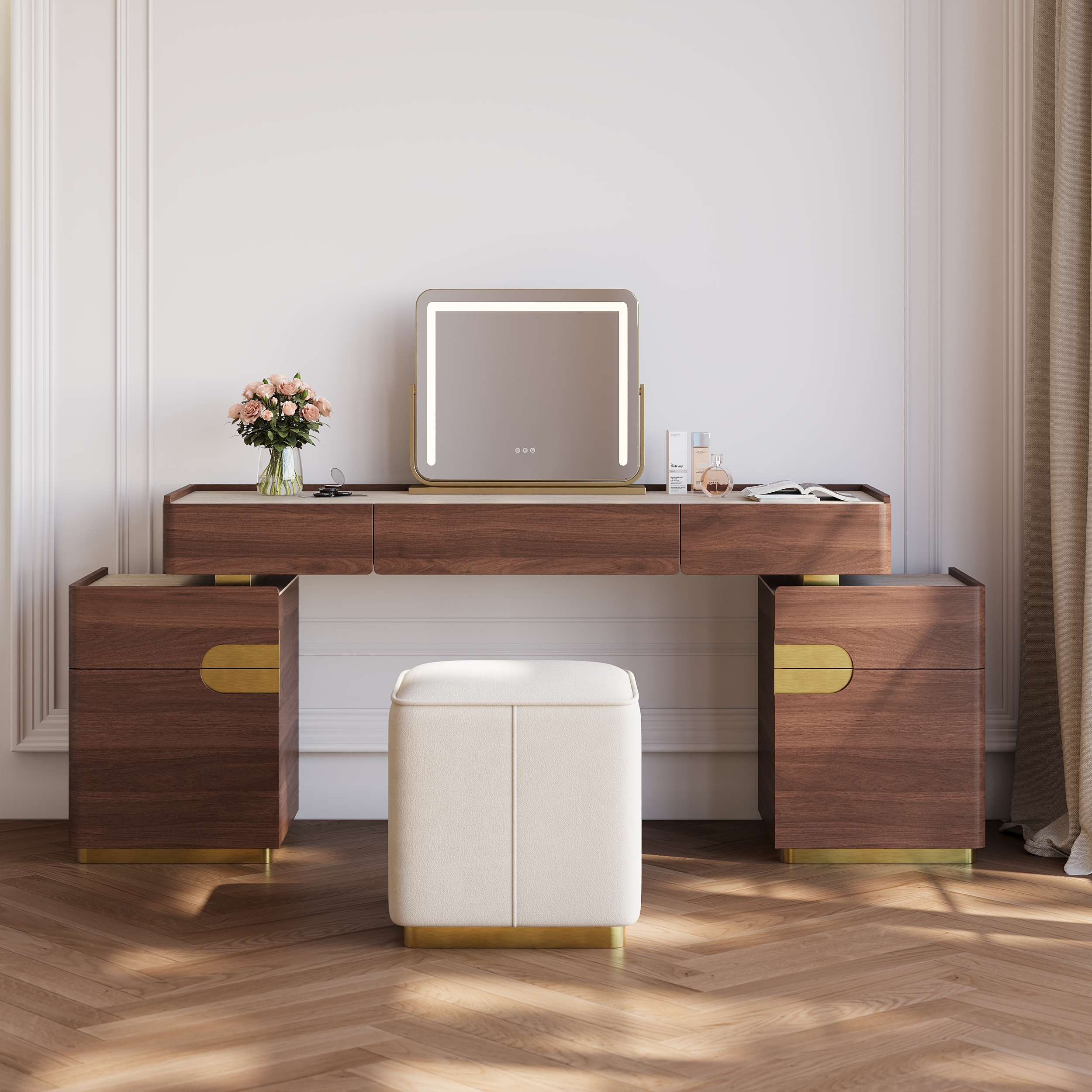 Horva Extendable Walnut Makeup Vanity Set (57"â73")