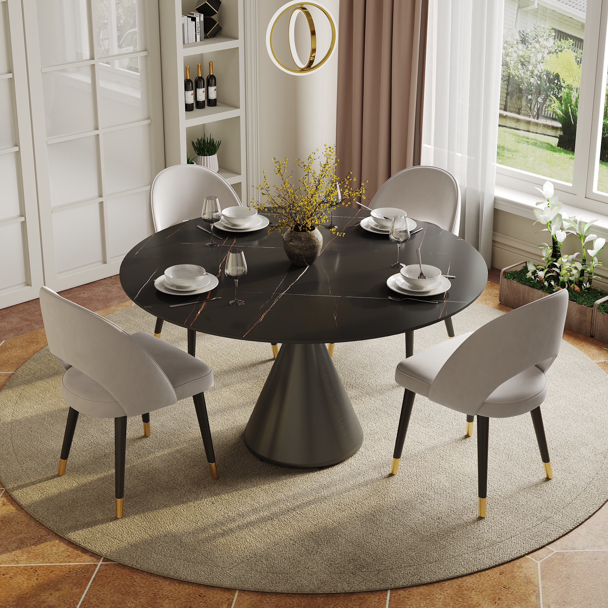 Mesa de comedor moderna redonda de 120 cm en piedra sinterizada mate con base de pedestal negra