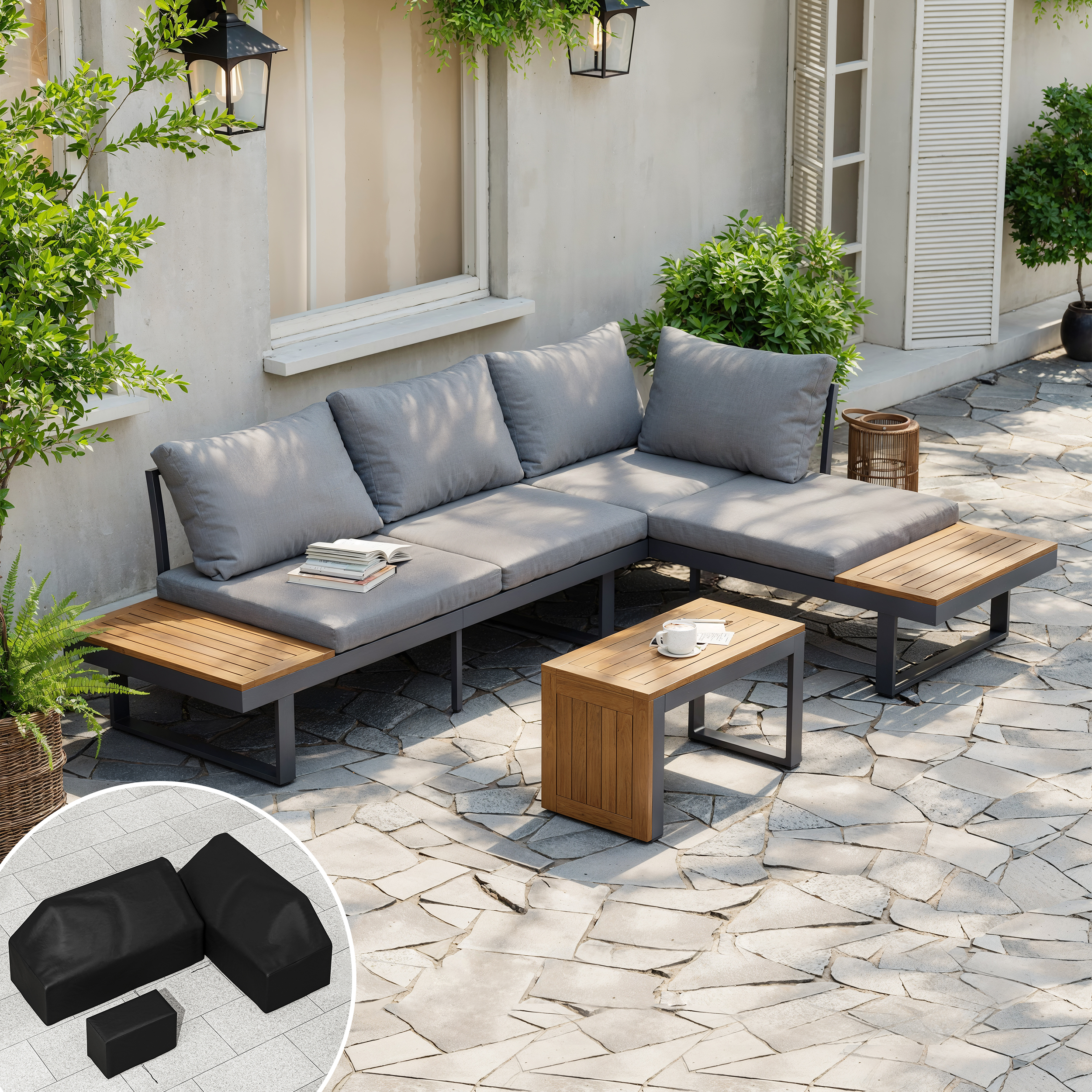 Conjunto de sofá modular para exteriores Slatera de acacia y aluminio en gris oscuro con cubierta negra
