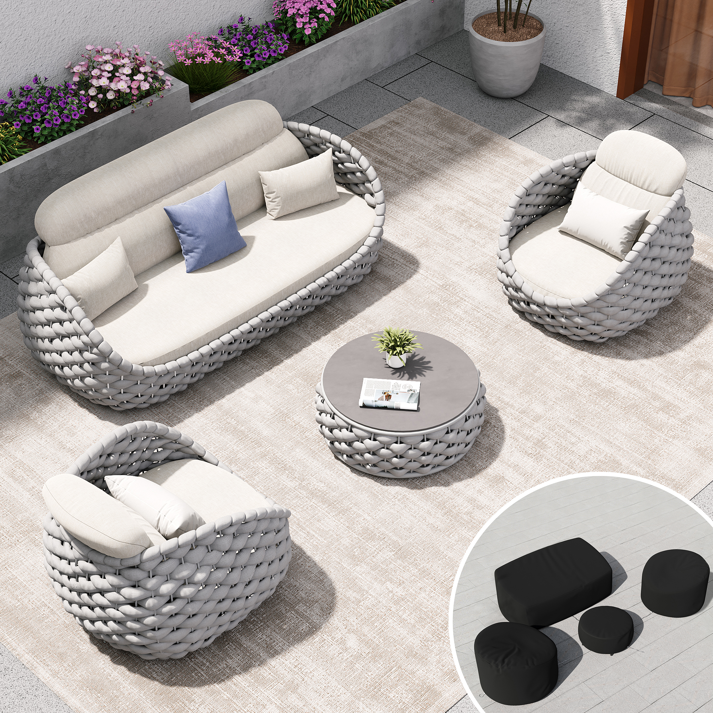 Conjunto de sofá para exteriores Cocaro de 8 piezas tejido con cuerda y funda negra en gris y blanco
