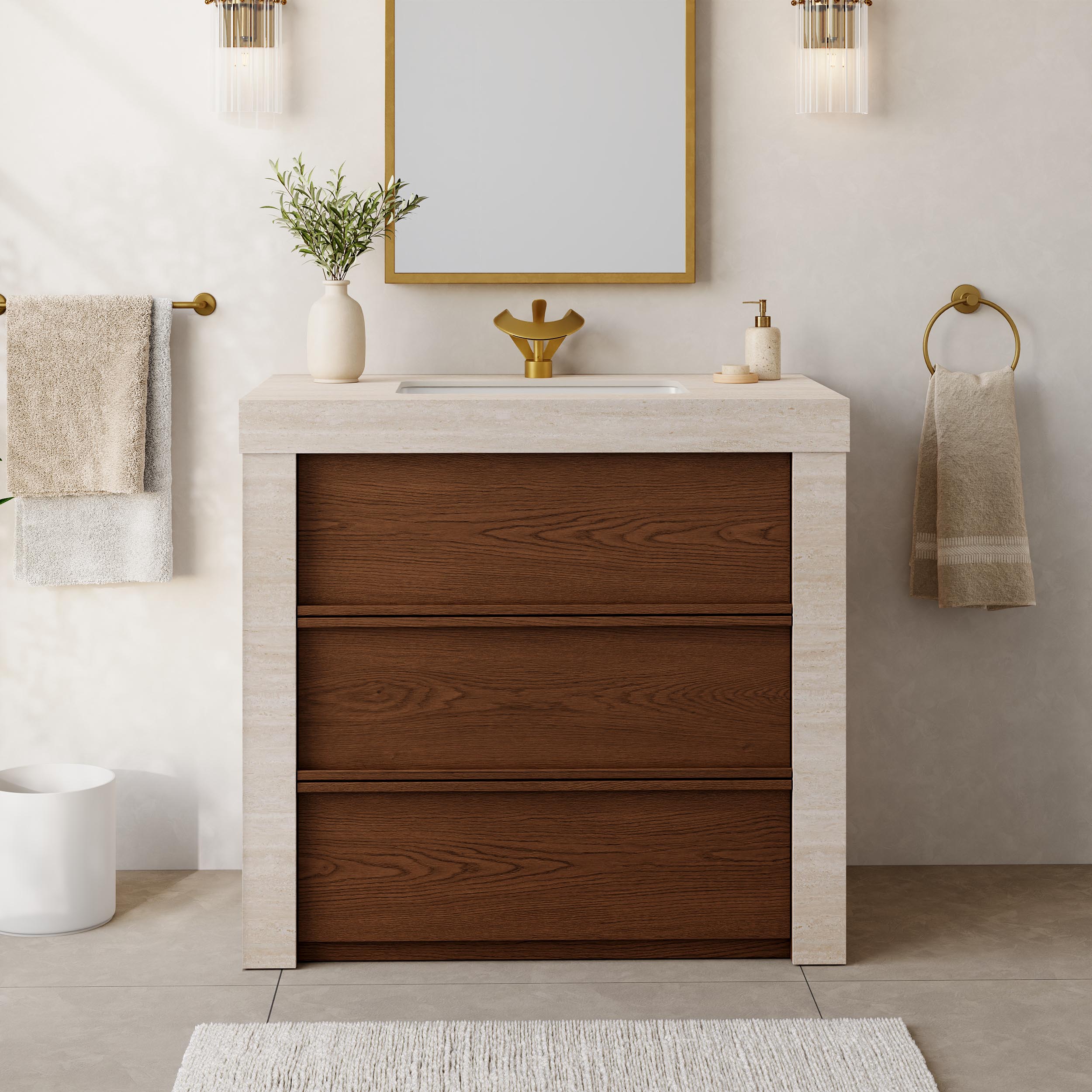Mueble de baño individual de 91 cm con lavabo de cerámica, encimera de piedra sinterizada