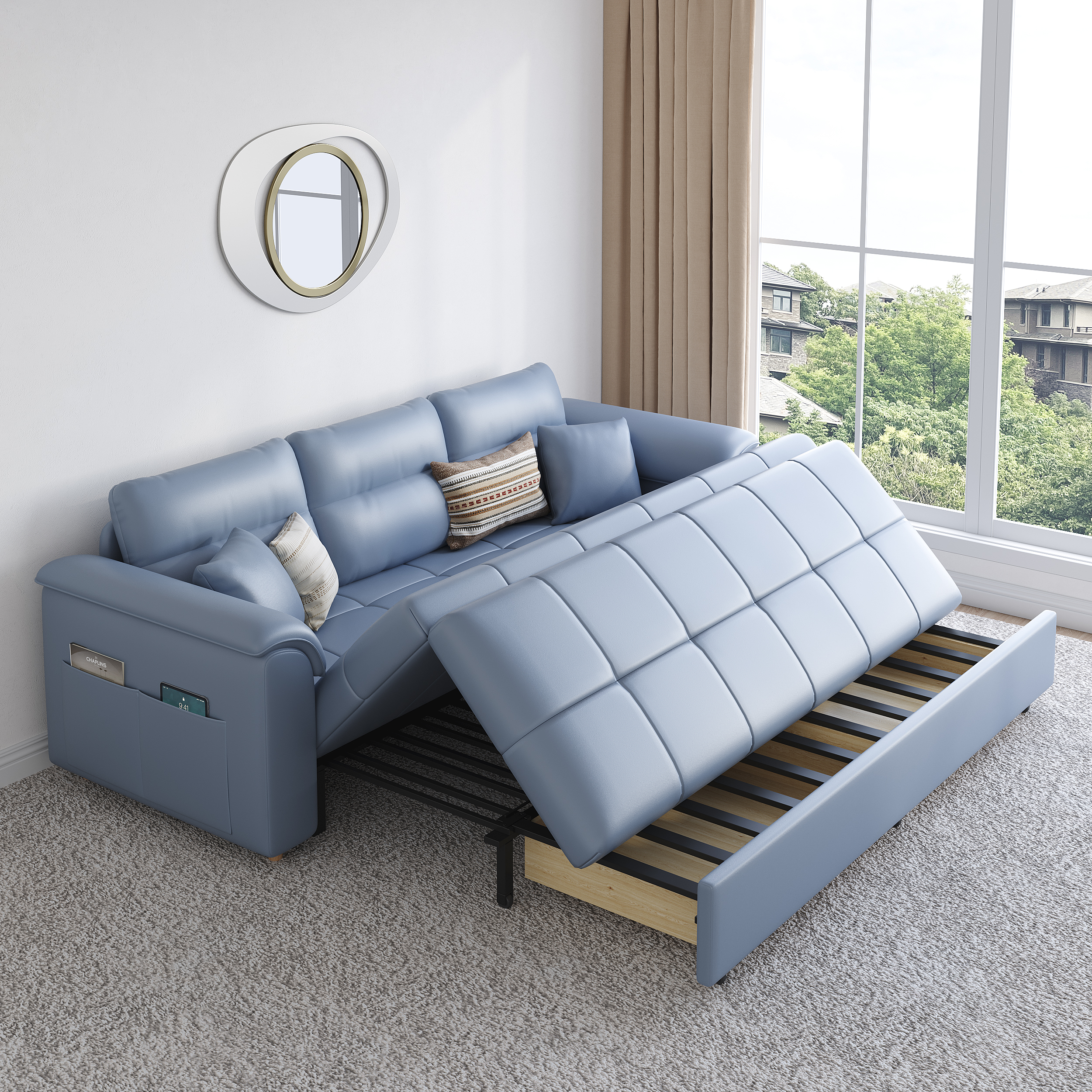 Sofá cama extraíble de piel sintética King de 233 cm con almacenamiento y bolsillos laterales