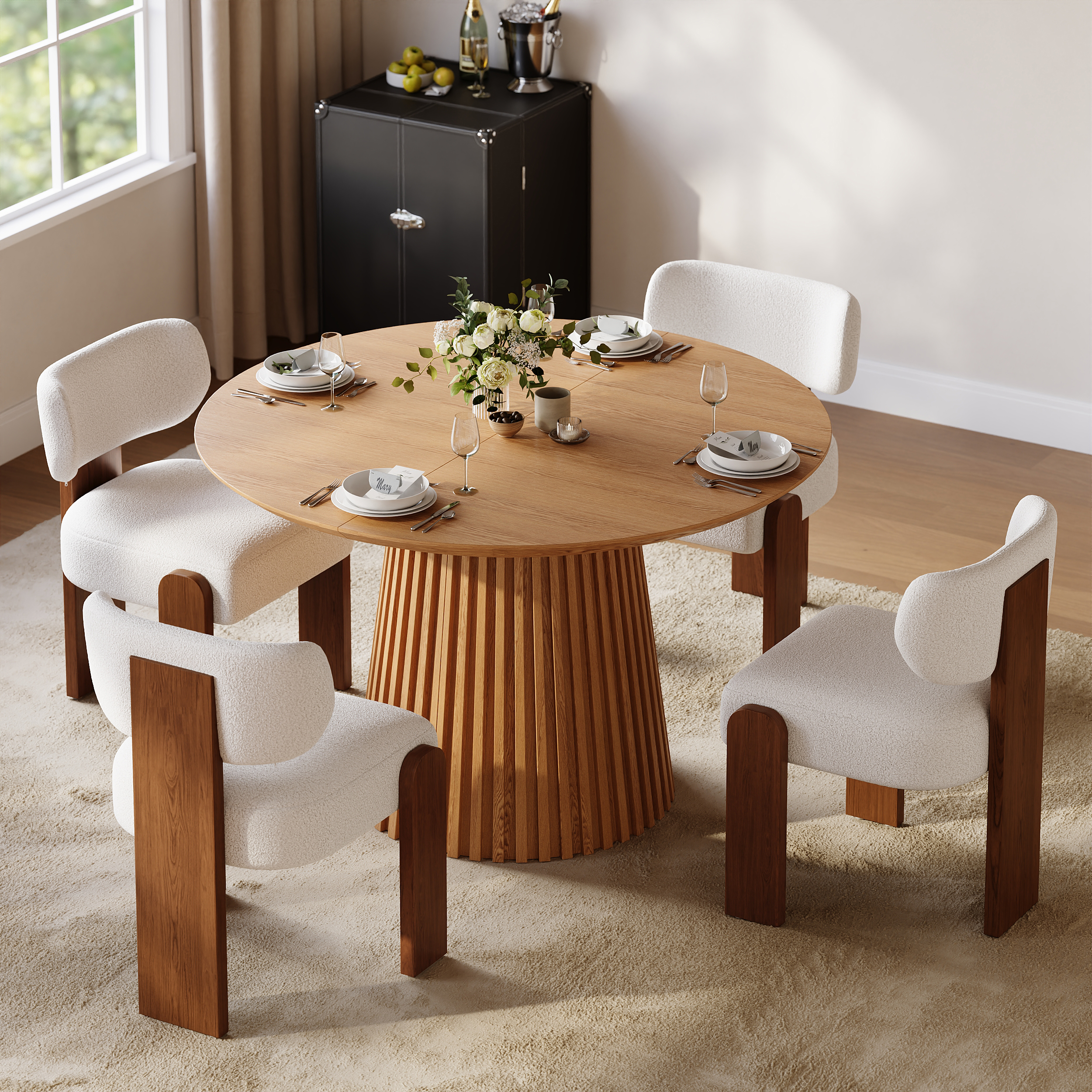 Juego de comedor Mesa de comedor extensible de madera maciza de 119–201 cm con 4 sillas