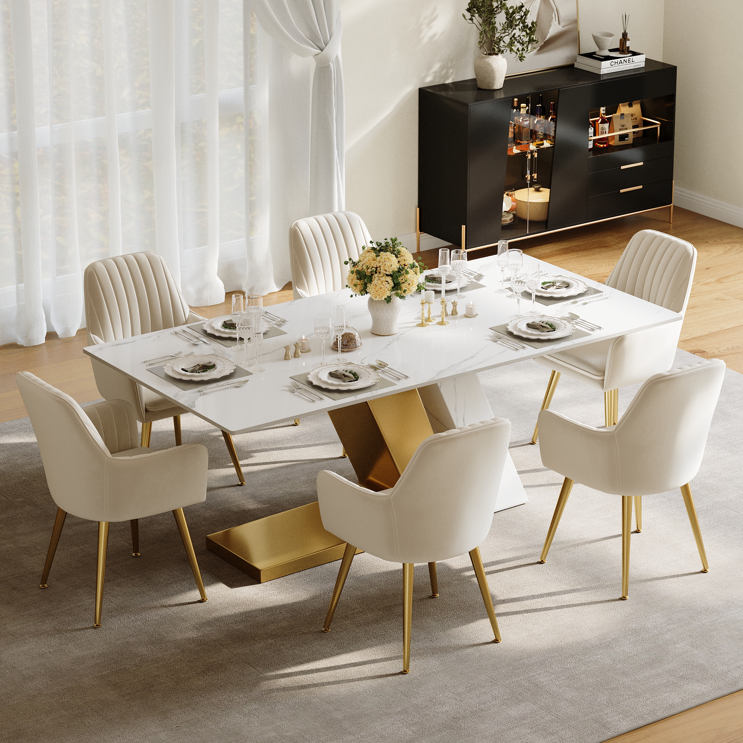 Juego de comedor de 200 cm, mesa de comedor rectangular moderna de piedra sinterizada con 6 sillas