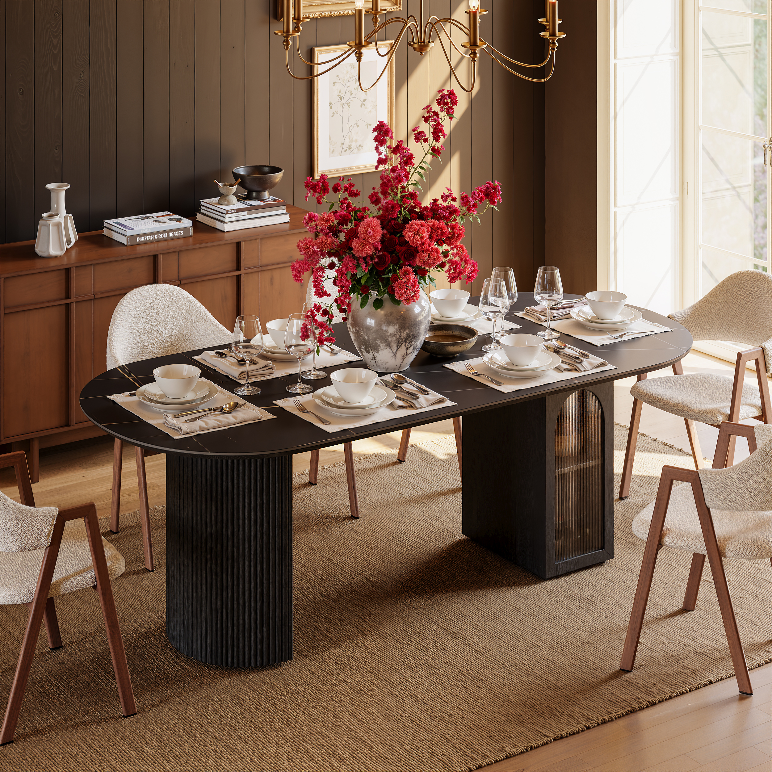 Table de salle à manger ovale de 180 cm en faux travertin avec base cannelée et rangement