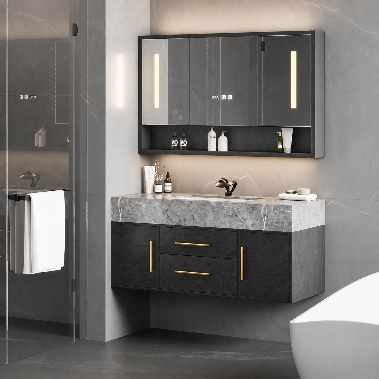 Ensemble de meuble-lavabo de salle de bain flottant noir de 100cm avec armoire de miroir LED