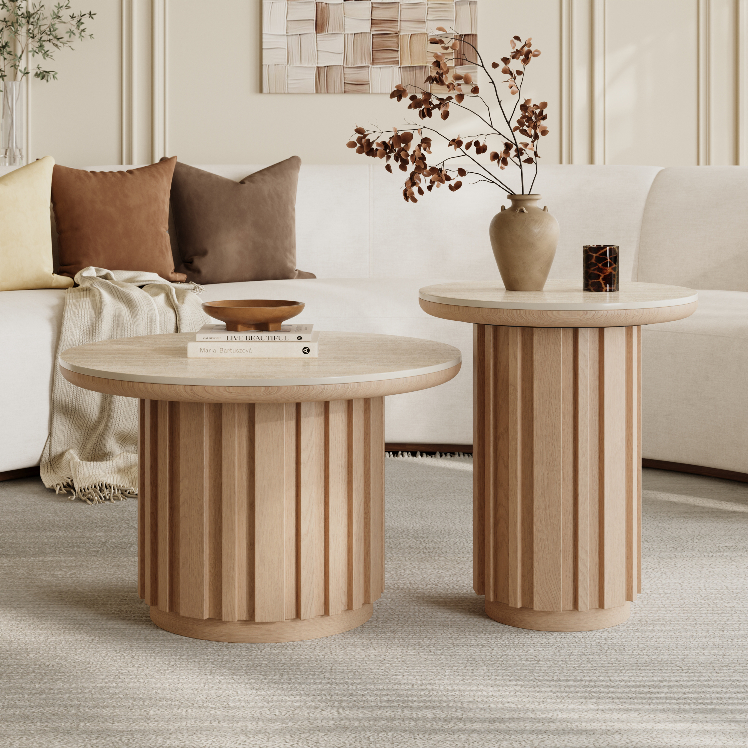 Set de 2 piezas Aura de mesa de centro redonda con listones de madera de fresno y superficie de piedra sinterizada