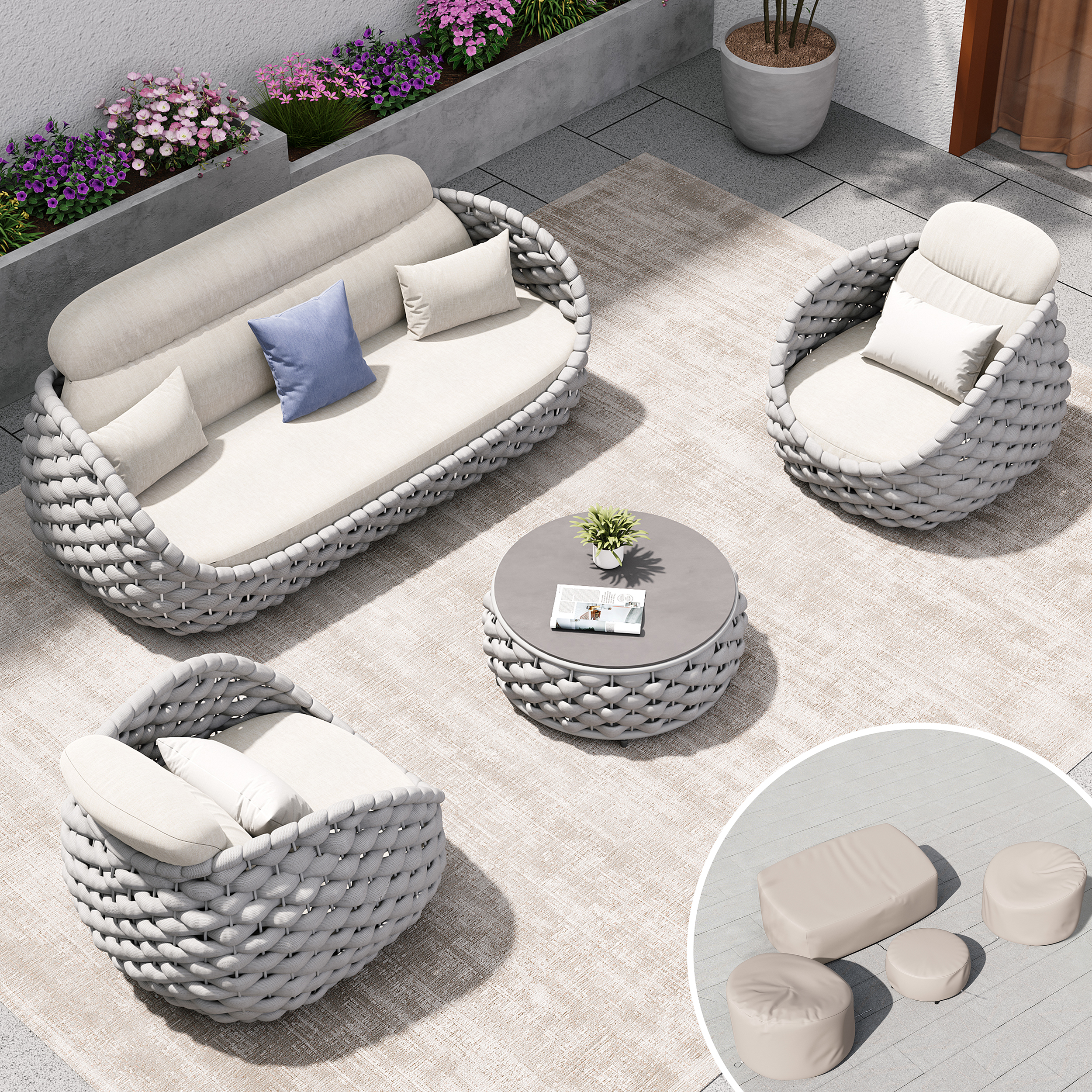 Conjunto de sofá giratorio de 8 piezas para exteriores con tejido de cuerda, funda color marfil en gris y blanco