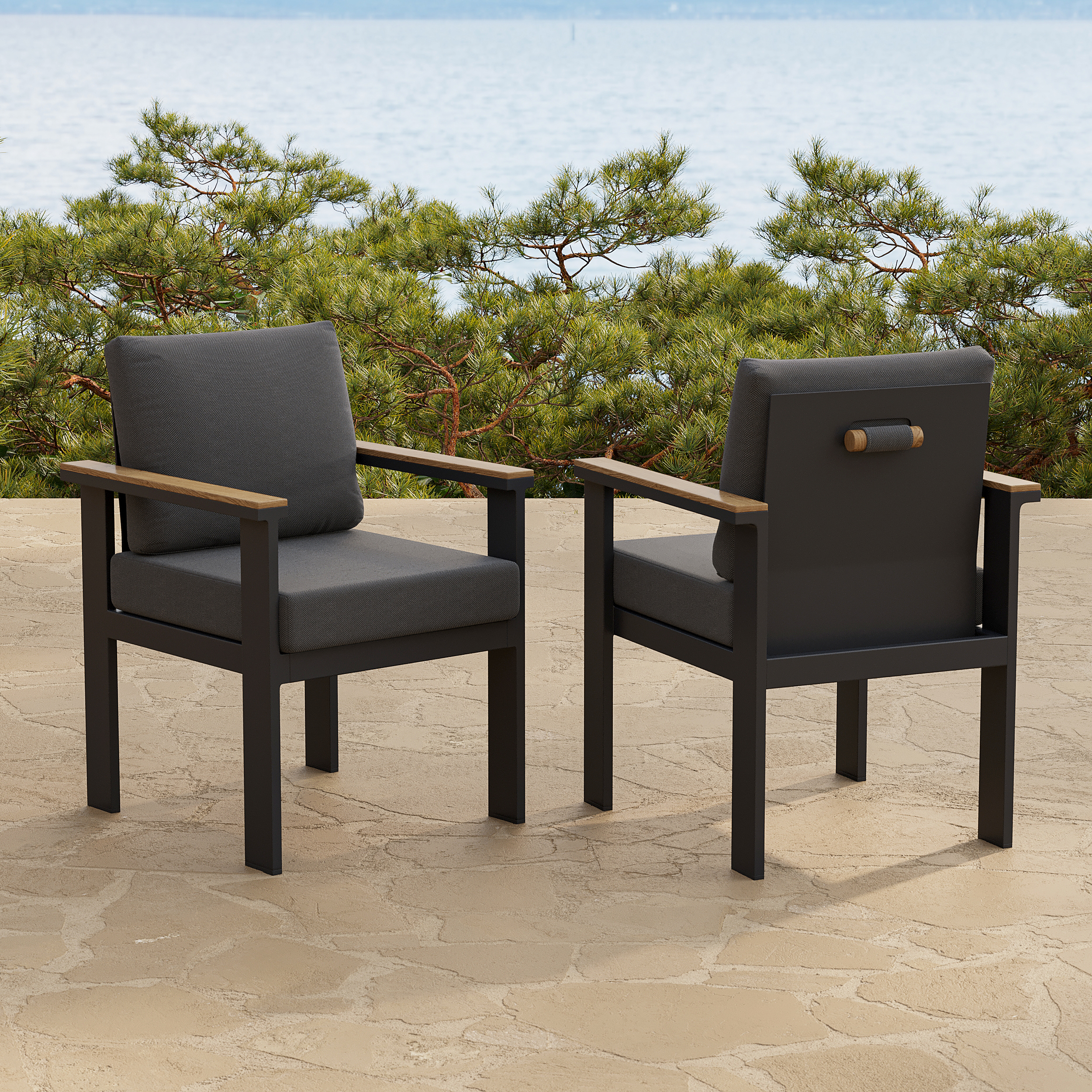Silla de comedor de exterior de 8 piezas de acacia y aluminio, muebles modernos de jardín y patio en gris con cojín y almohada incluidos
