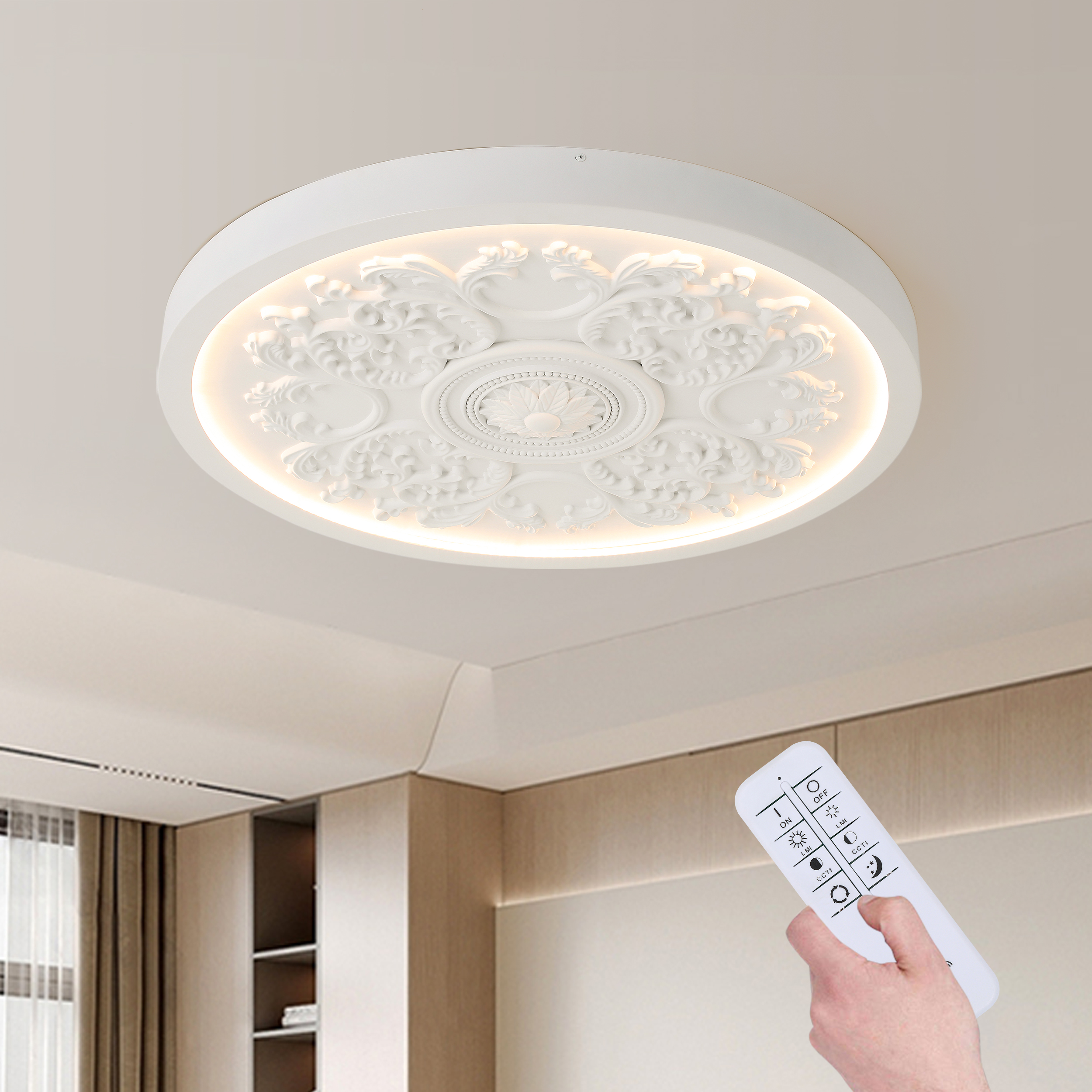 Lámpara de techo de montaje empotrado LED de resina blanca elegante francesa tallada en 3D con 3 modos de intensidad