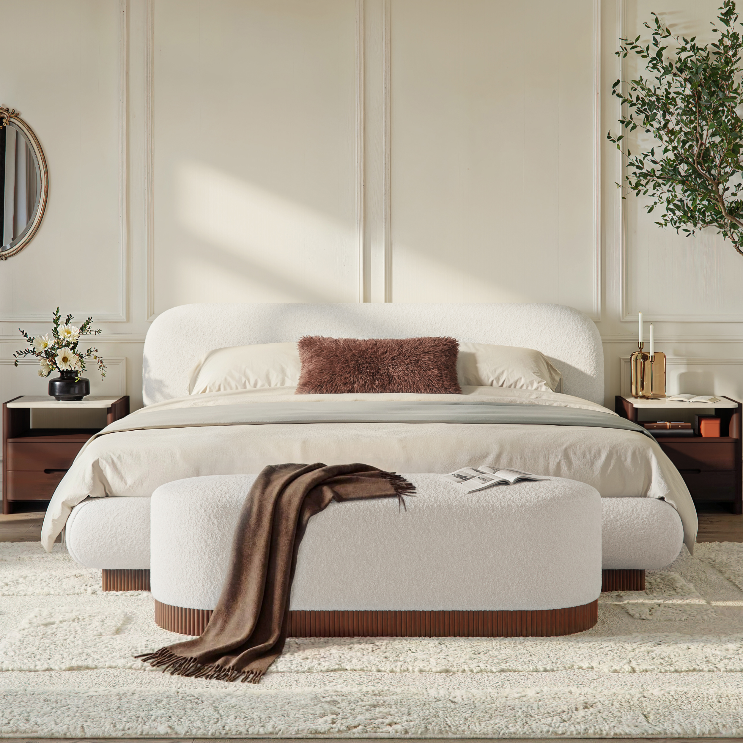 Rivo Upholstered Boucle Curved Bed & Bench Set