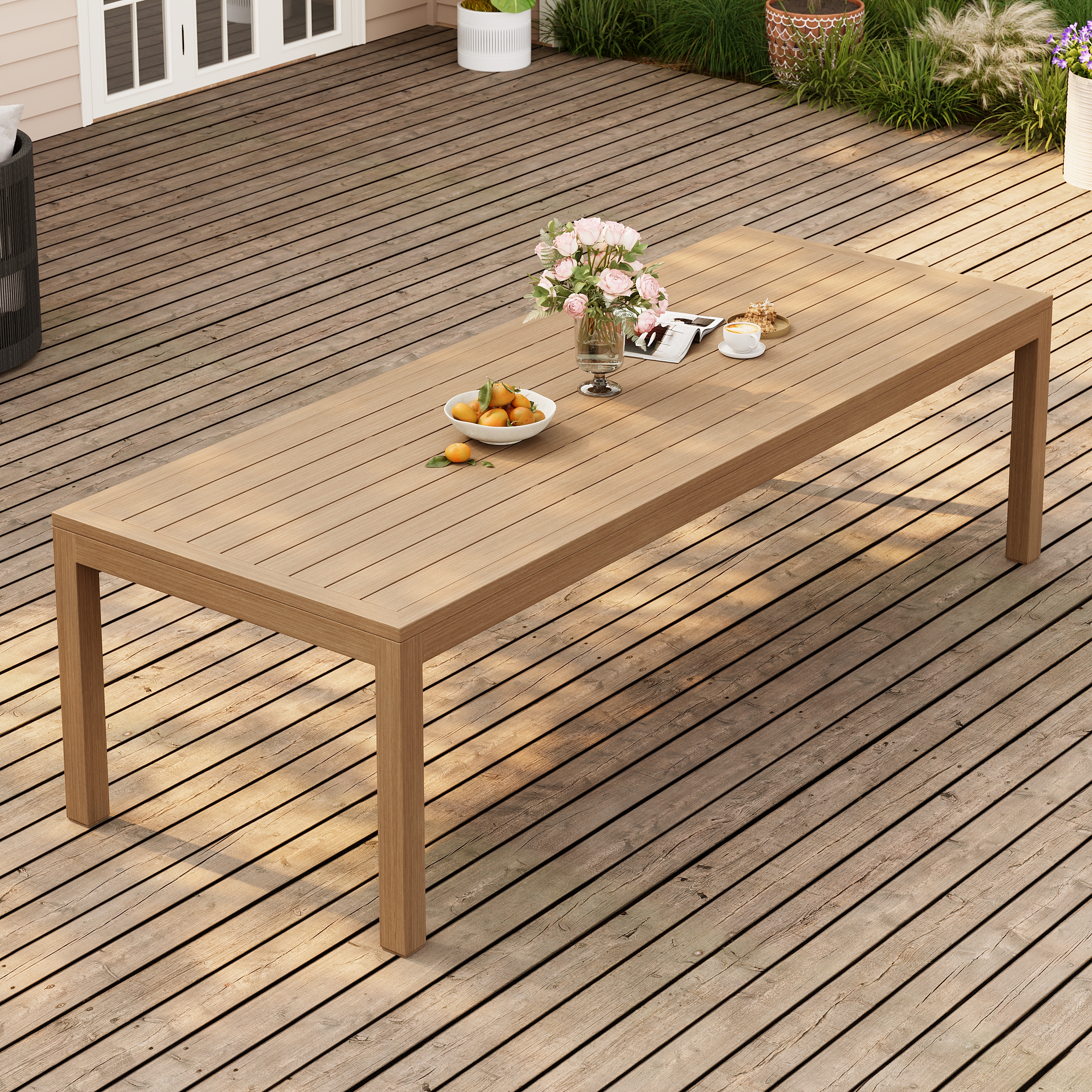 Wevara 104" Walnut-Finished Aluminum Slatted Outdoor Dining Table