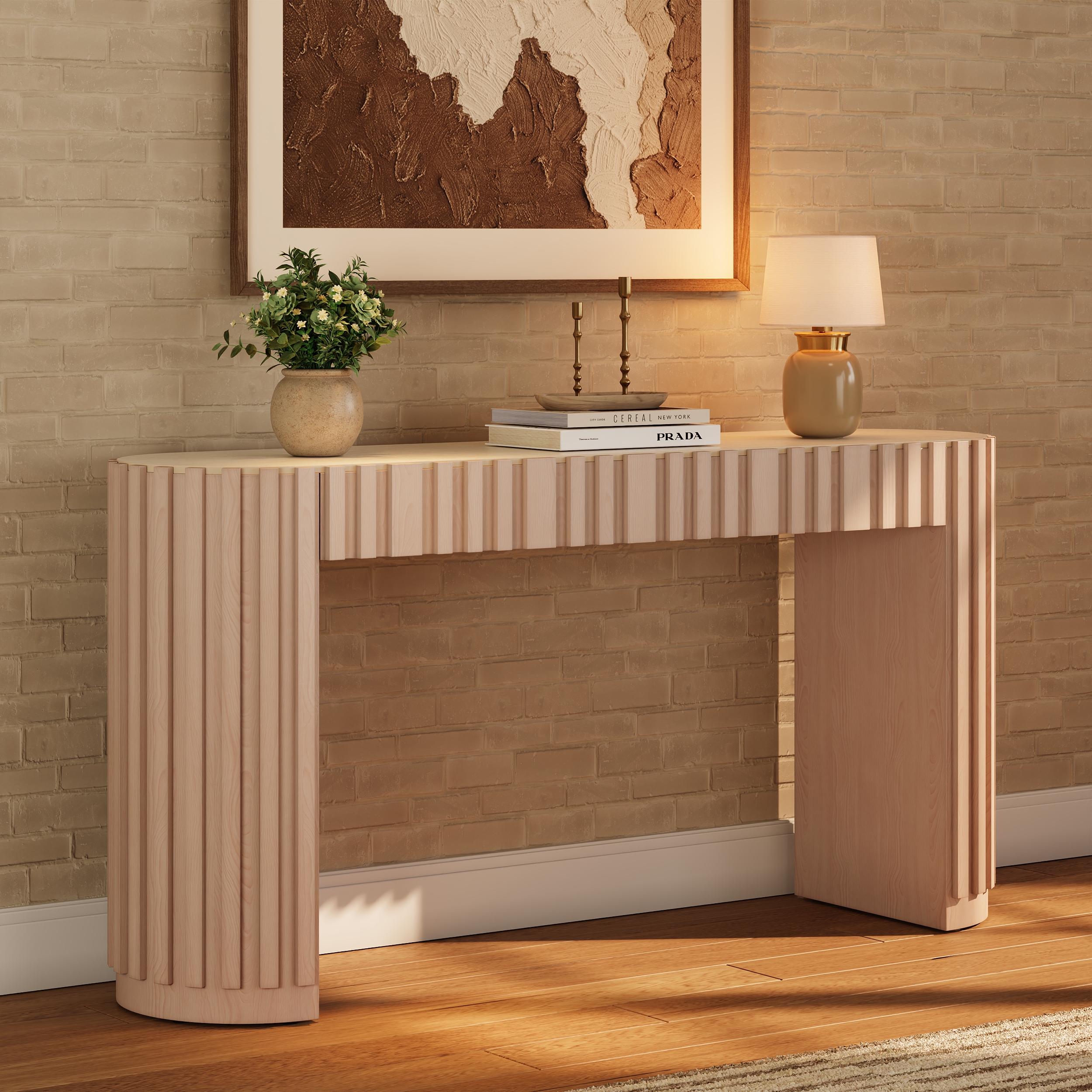 Table console Aura de 60 pouces en bois de frêne cannelé blanchi avec plateau en pierre frittée
