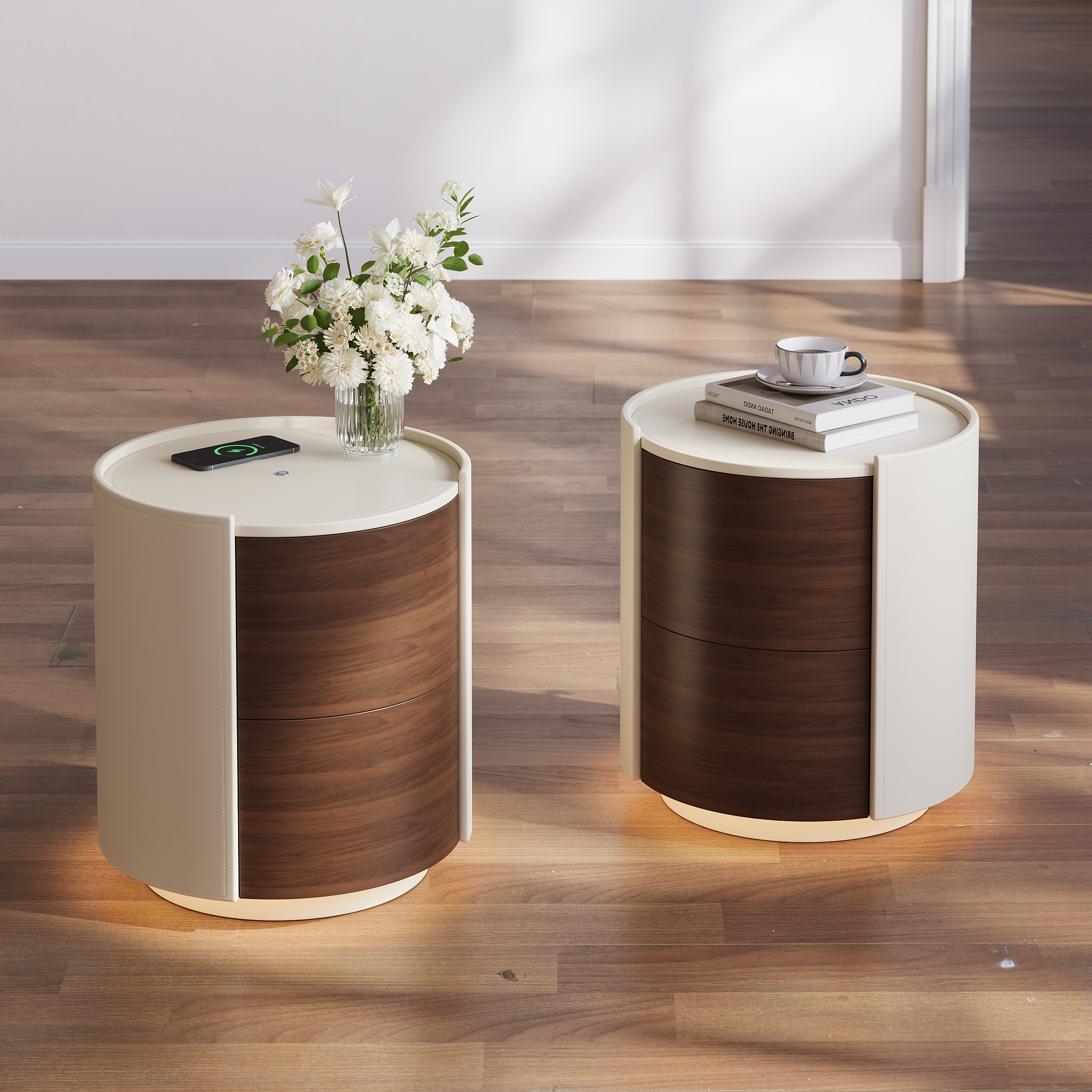 Saddle Leather 2-Drawer Nightstand with Charging Station, Set of 2